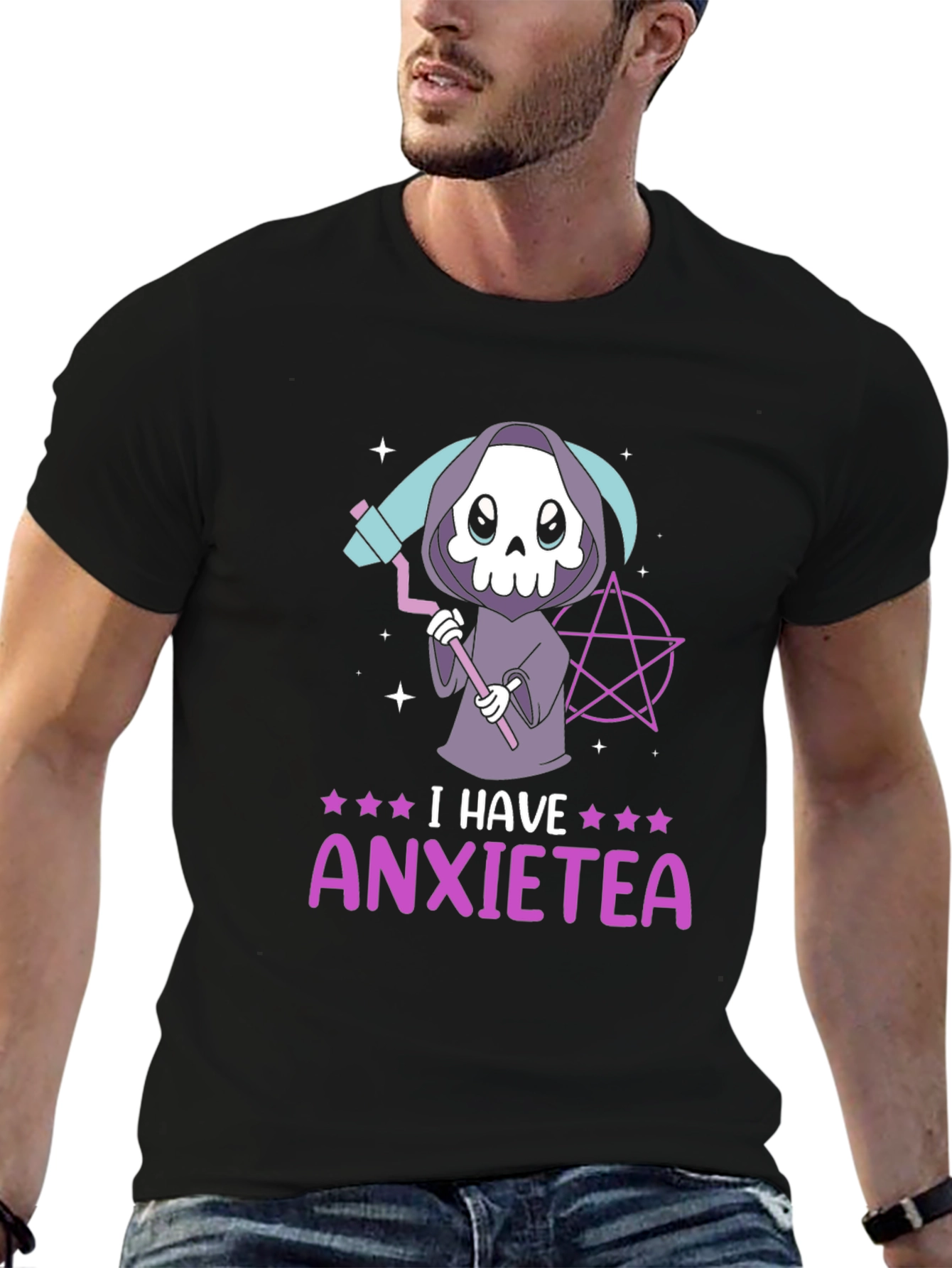 Black Anxietea T-Shirt - Cute Grim Reaper Design view 6