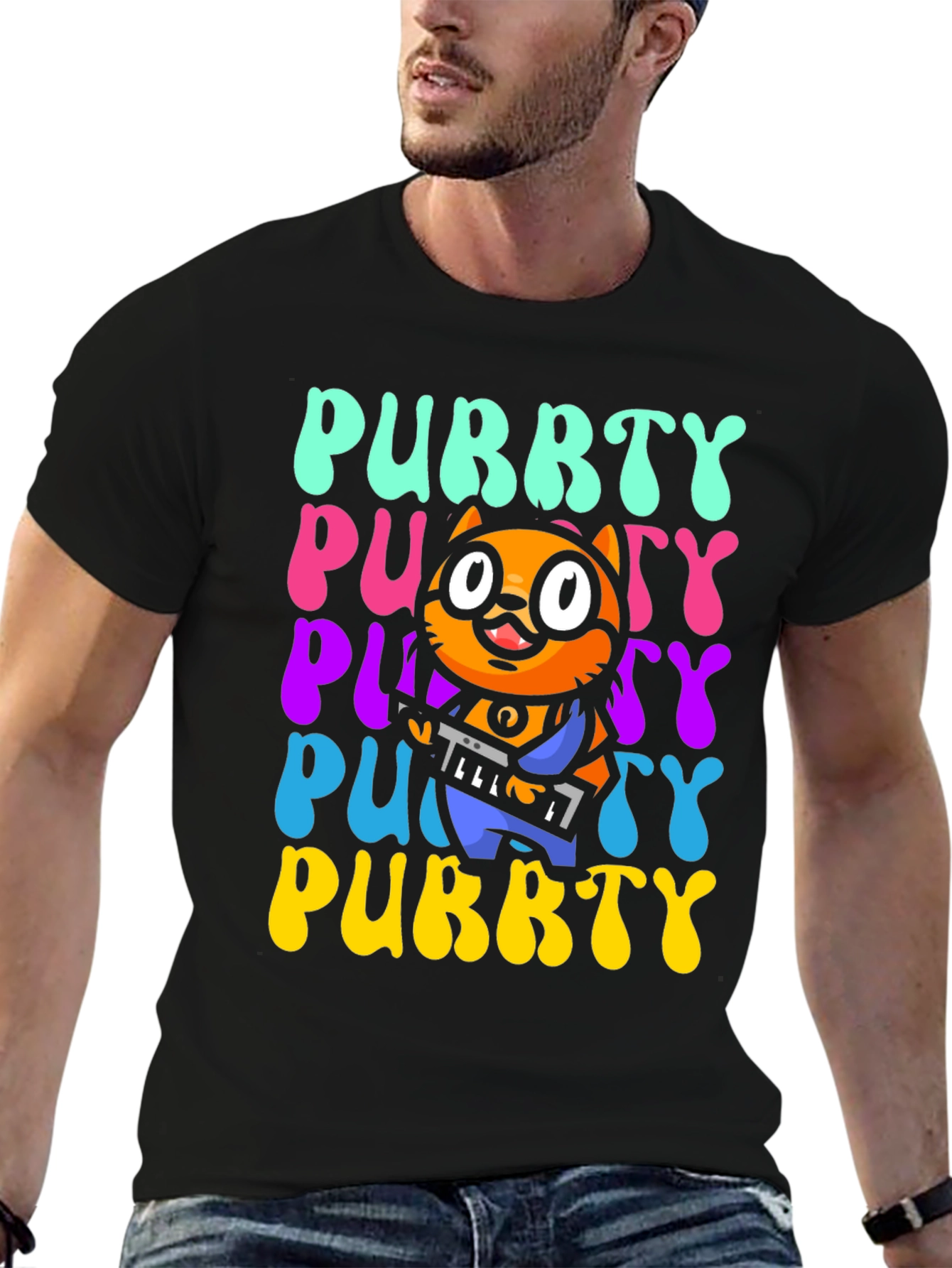 Black Purrty Cat Graphic Tee - Novelty Kitten Shirt view 6