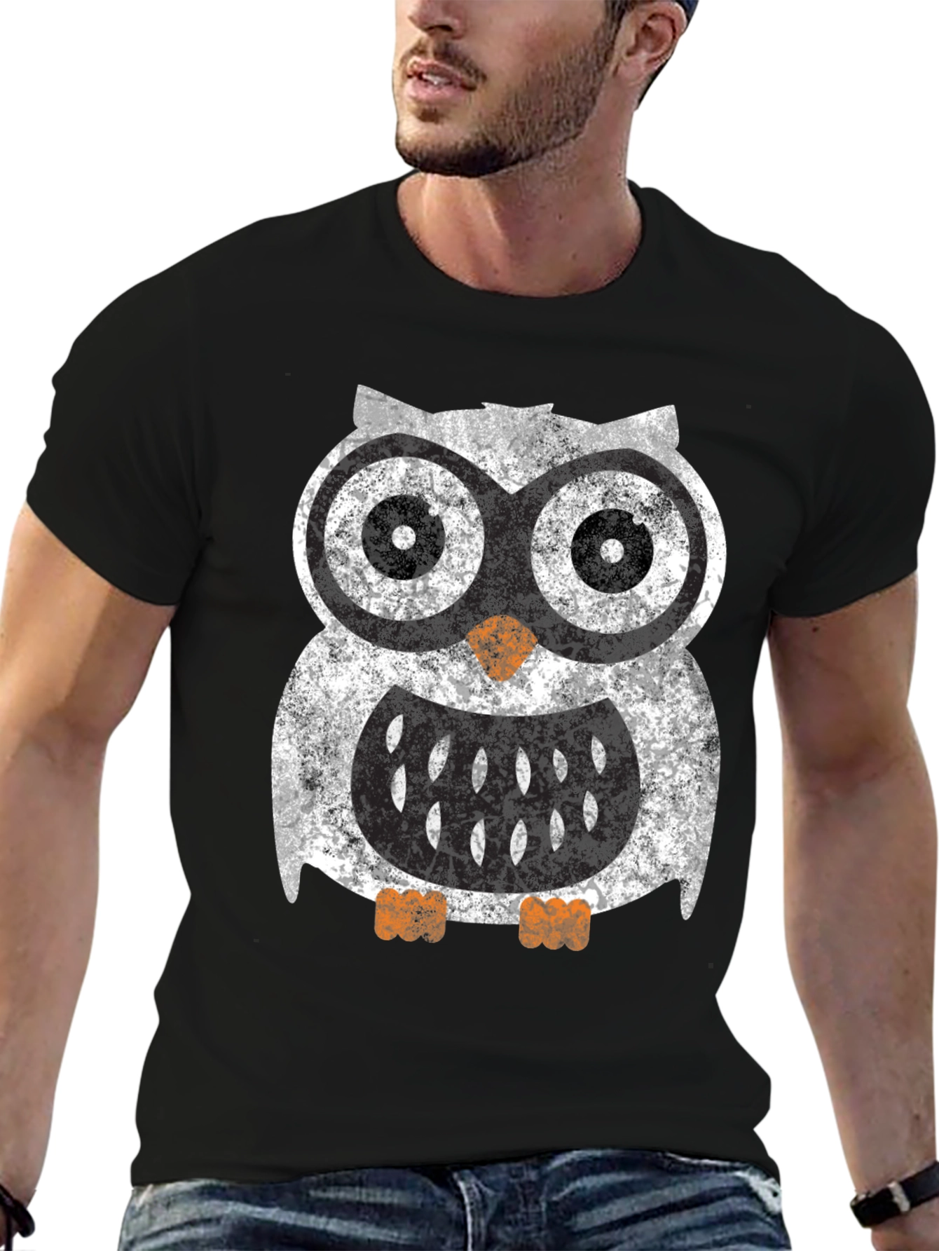 Black Cool Owl Graphic Tee - Black Cotton Blend Shirt view 6