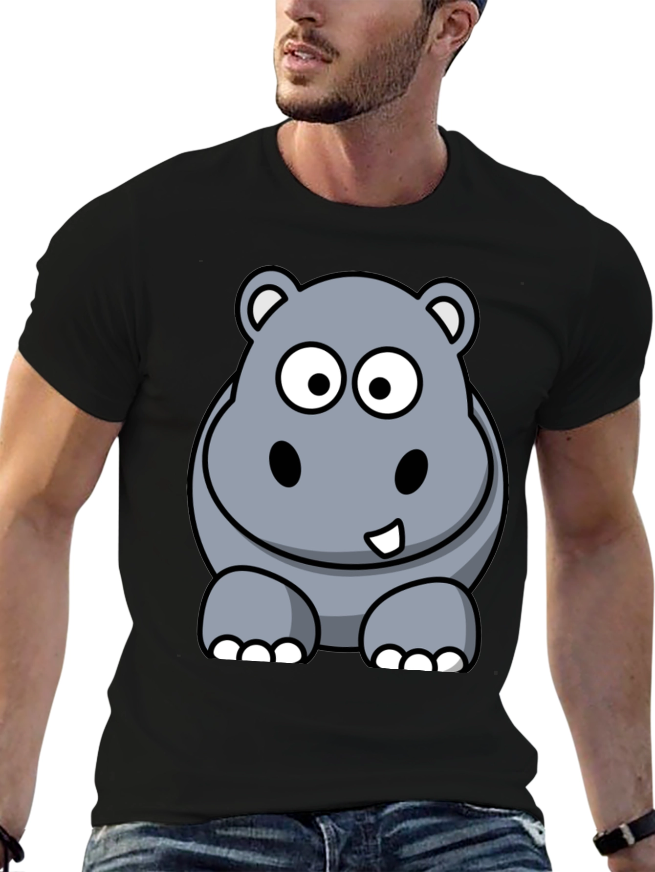 Black Cartoon Hippo Graphic Tee - Black Cotton T-Shirt view 6