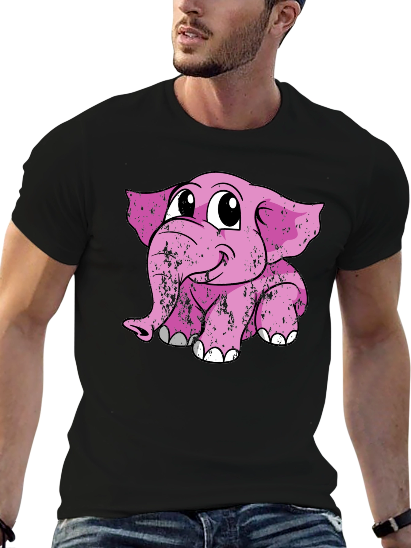 Black Cute Pink Elephant Graphic Tee - Soft Cotton Blend view 6