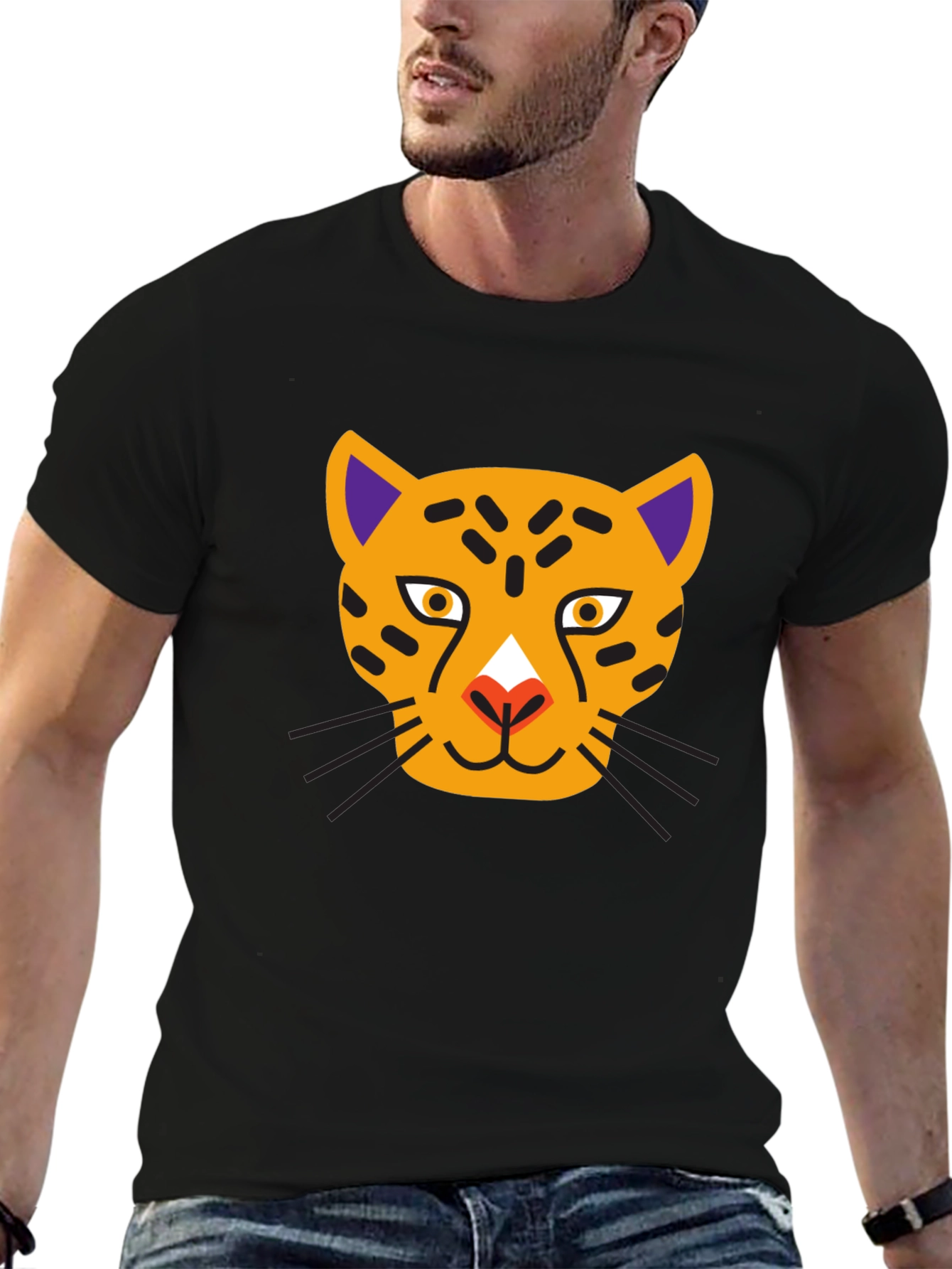 Black Stylish Black T-Shirt with Cartoon Leopard Design view 6