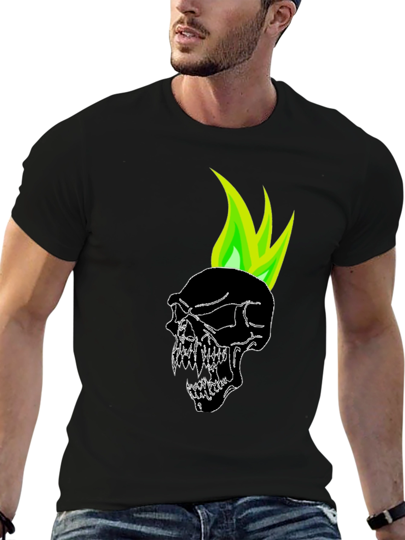 Black Skull with Green Flame Graphic Tee view 6
