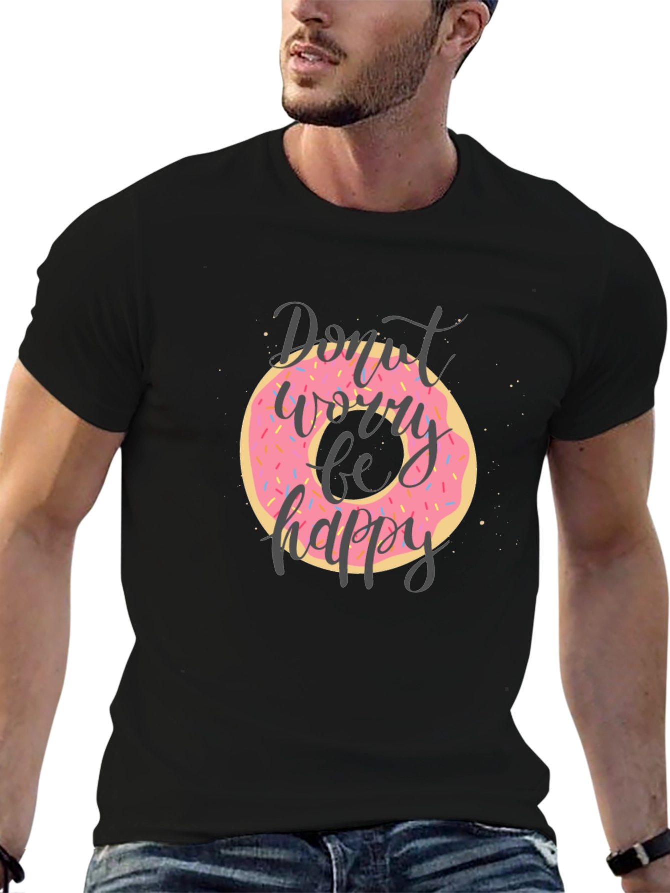 Black Donut Worry Be Happy T-Shirt - Trendy Graphic Tee view 6