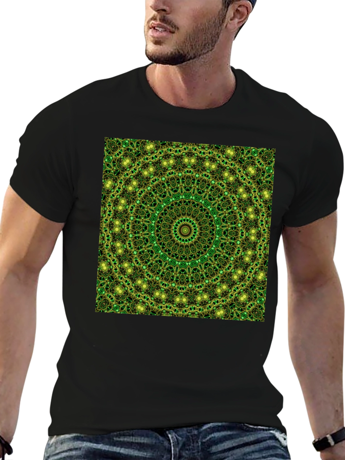 Black Green Mandala Pattern T-Shirt view 6
