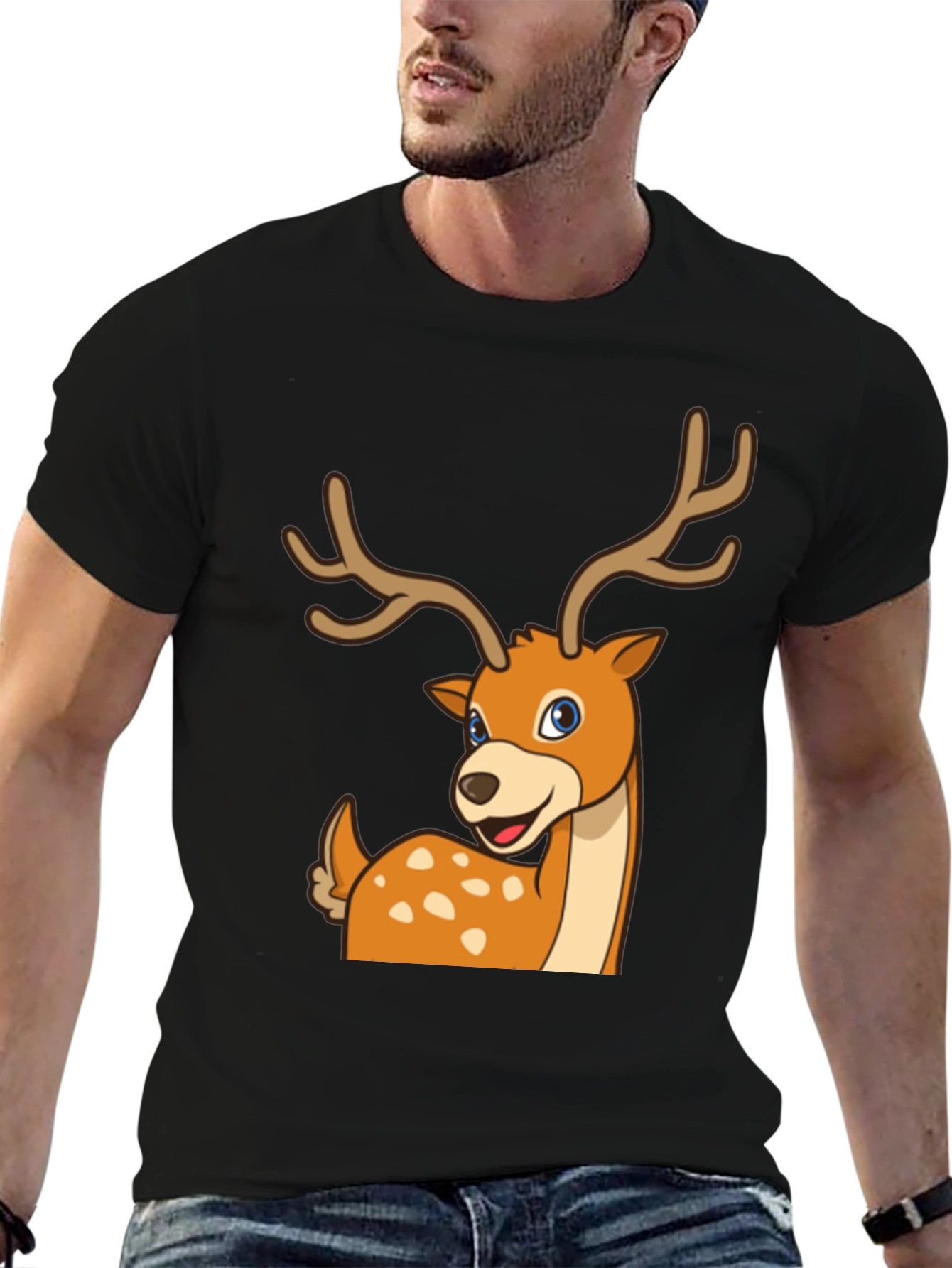 Black Deer Cartoon Graphic Black T-Shirt view 6