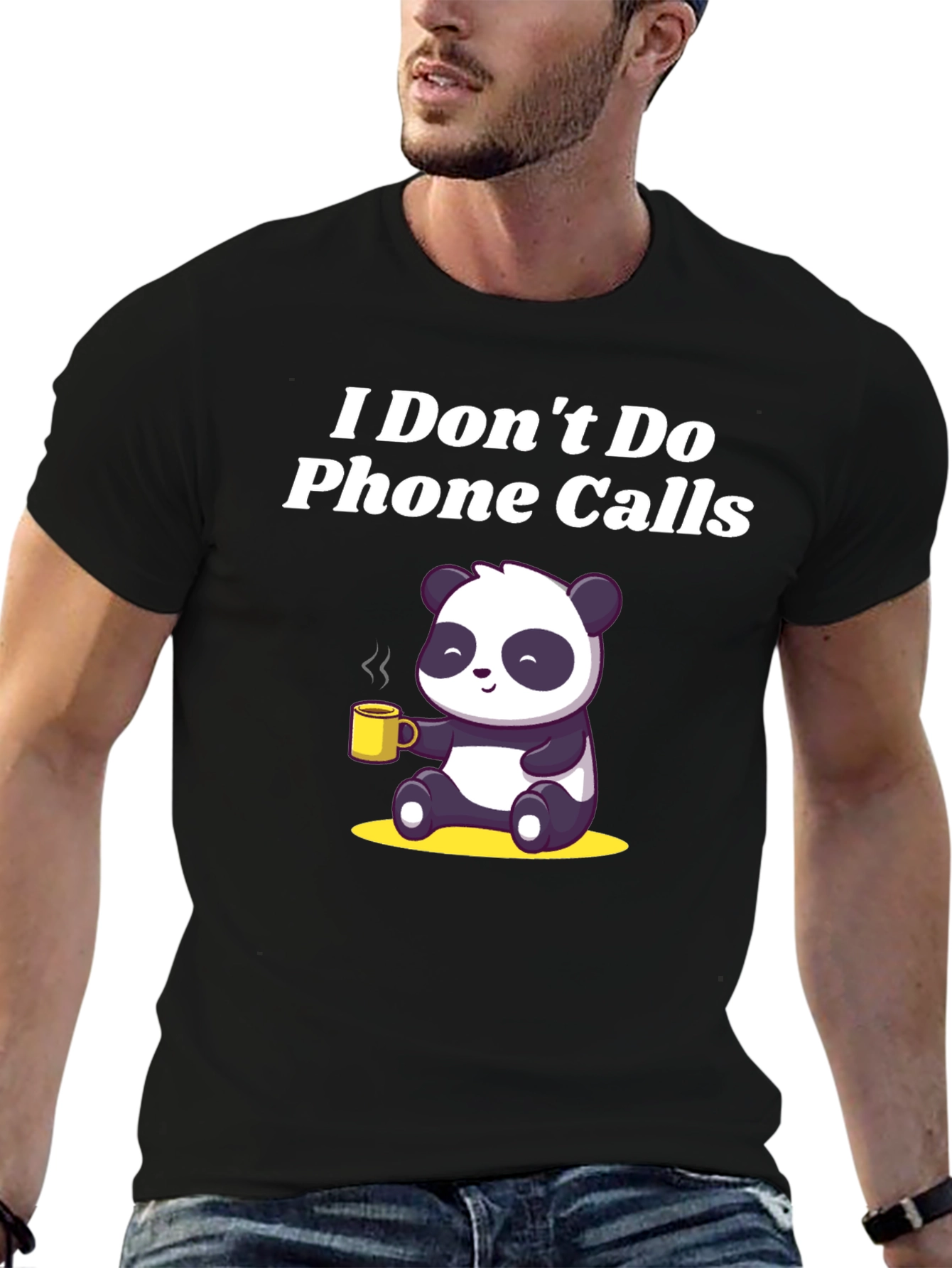 Black Funny Panda "I Don't Do Phone Calls" Black T-Shirt view 6