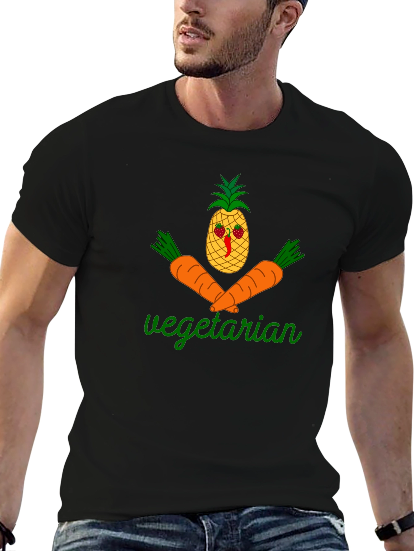 Black Vegetarian Graphic T-Shirt - Pineapple & Carrot Design view 6