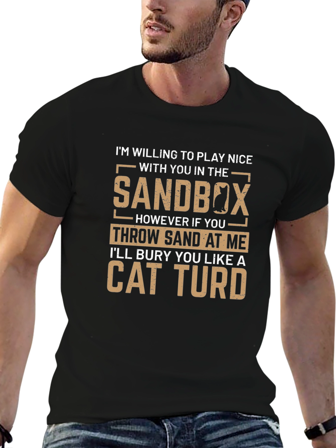 Black Sandbox Cat T-Shirt Funny Graphic Tee view 6