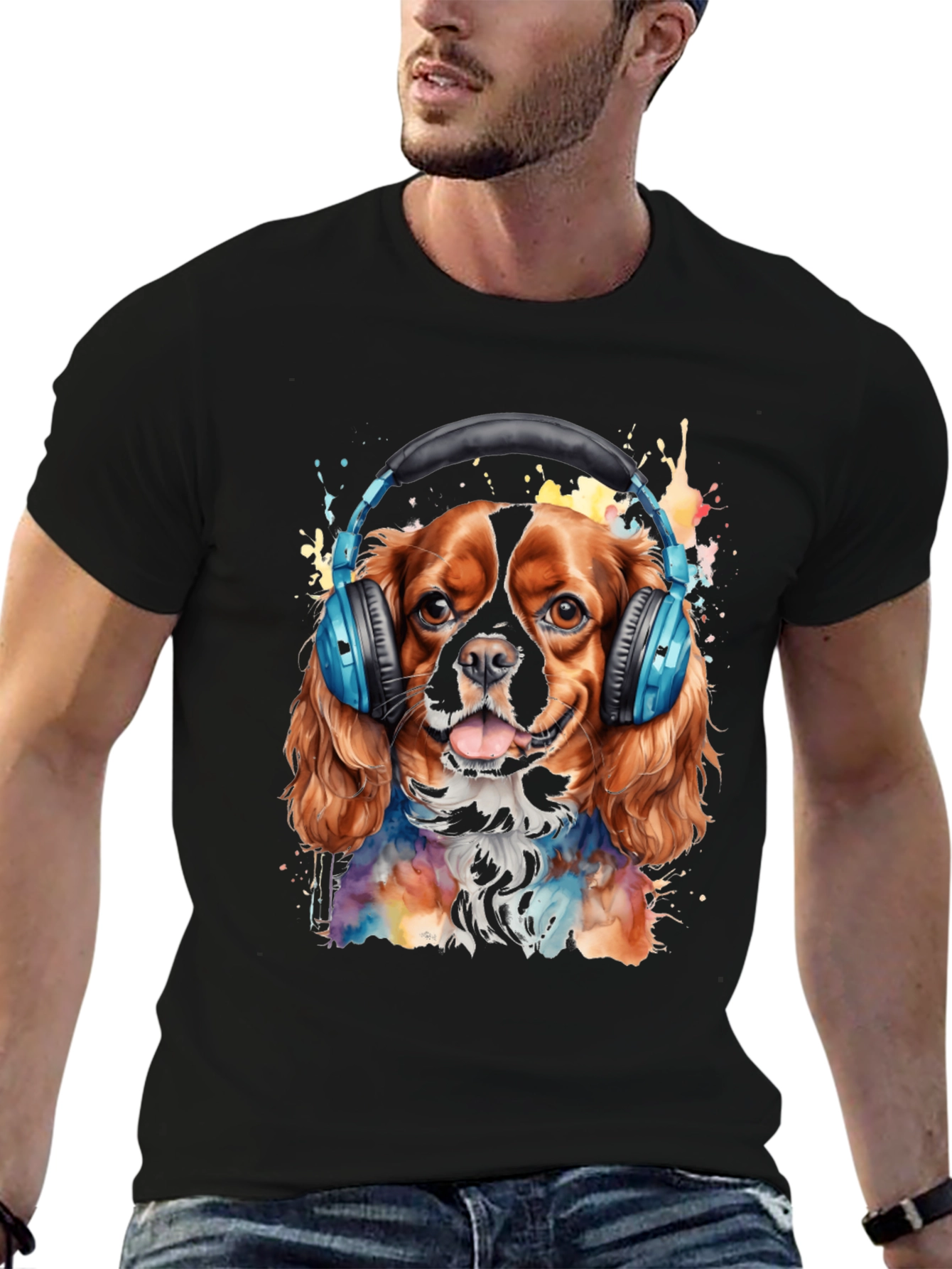 Black Dog with Headphones T-Shirt - Colorful Watercolor Design view 6