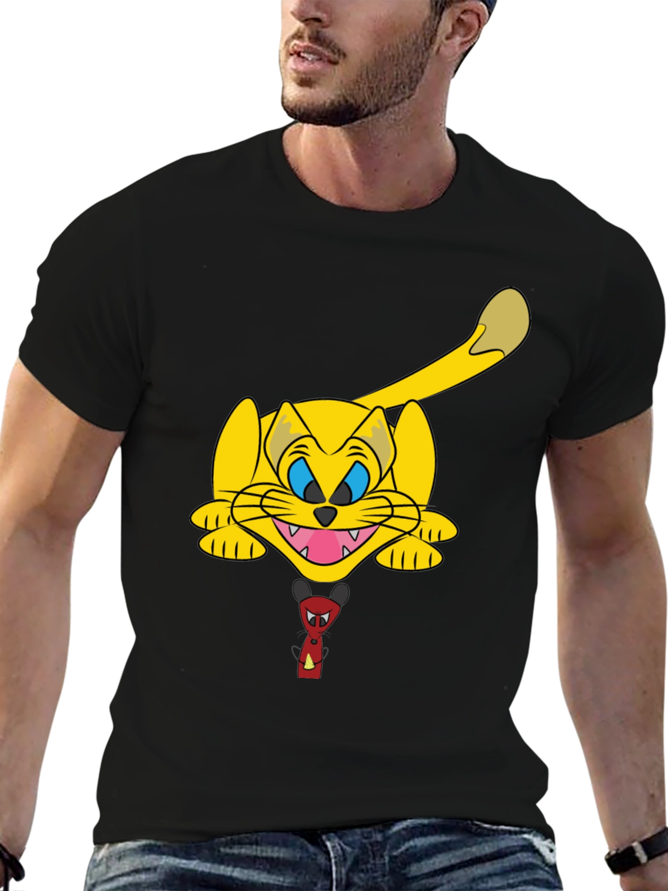Black Cartoon Cat Graphic Black T-Shirt view 6