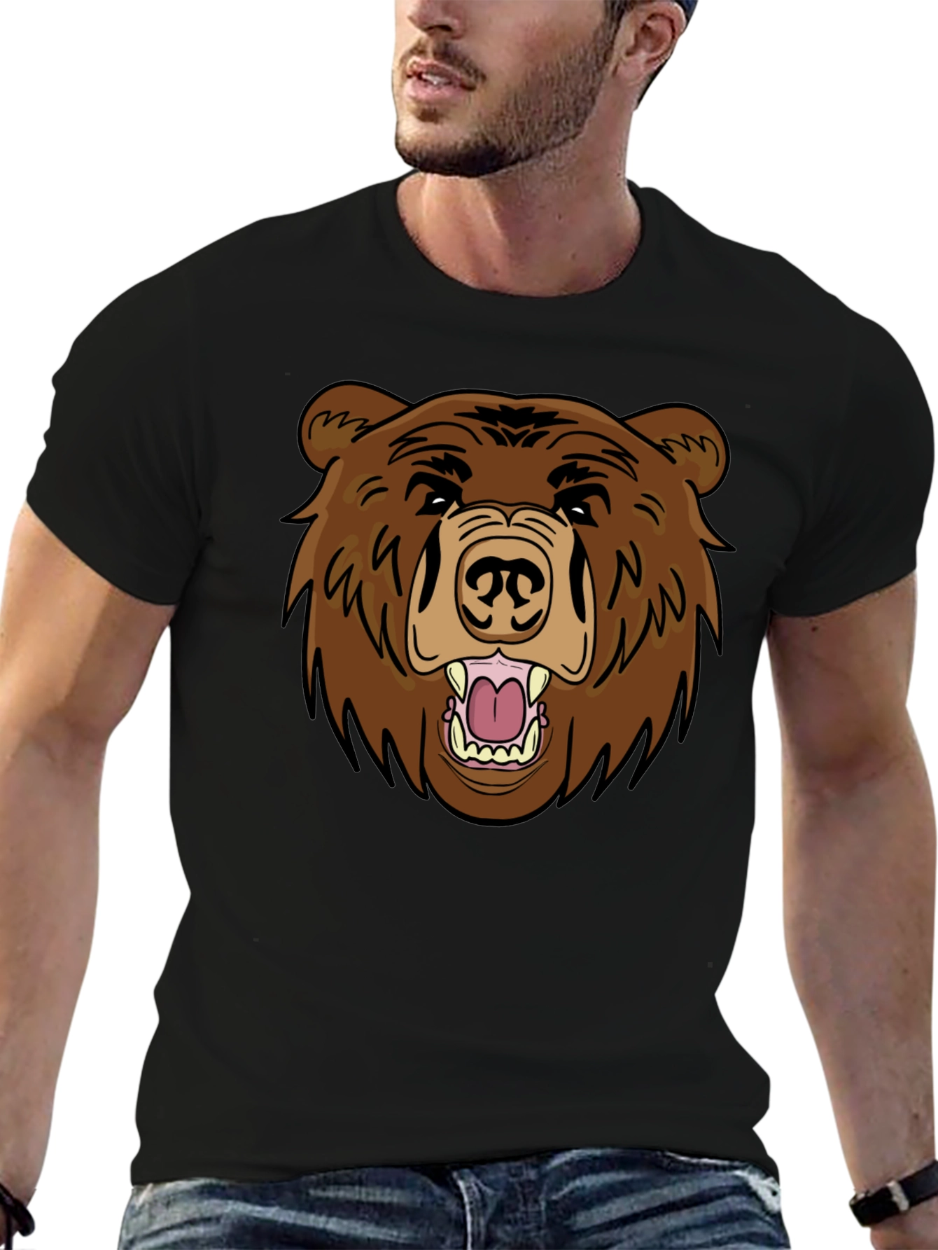 Black Men's Black T-Shirt with Brown Bear Graphic view 6