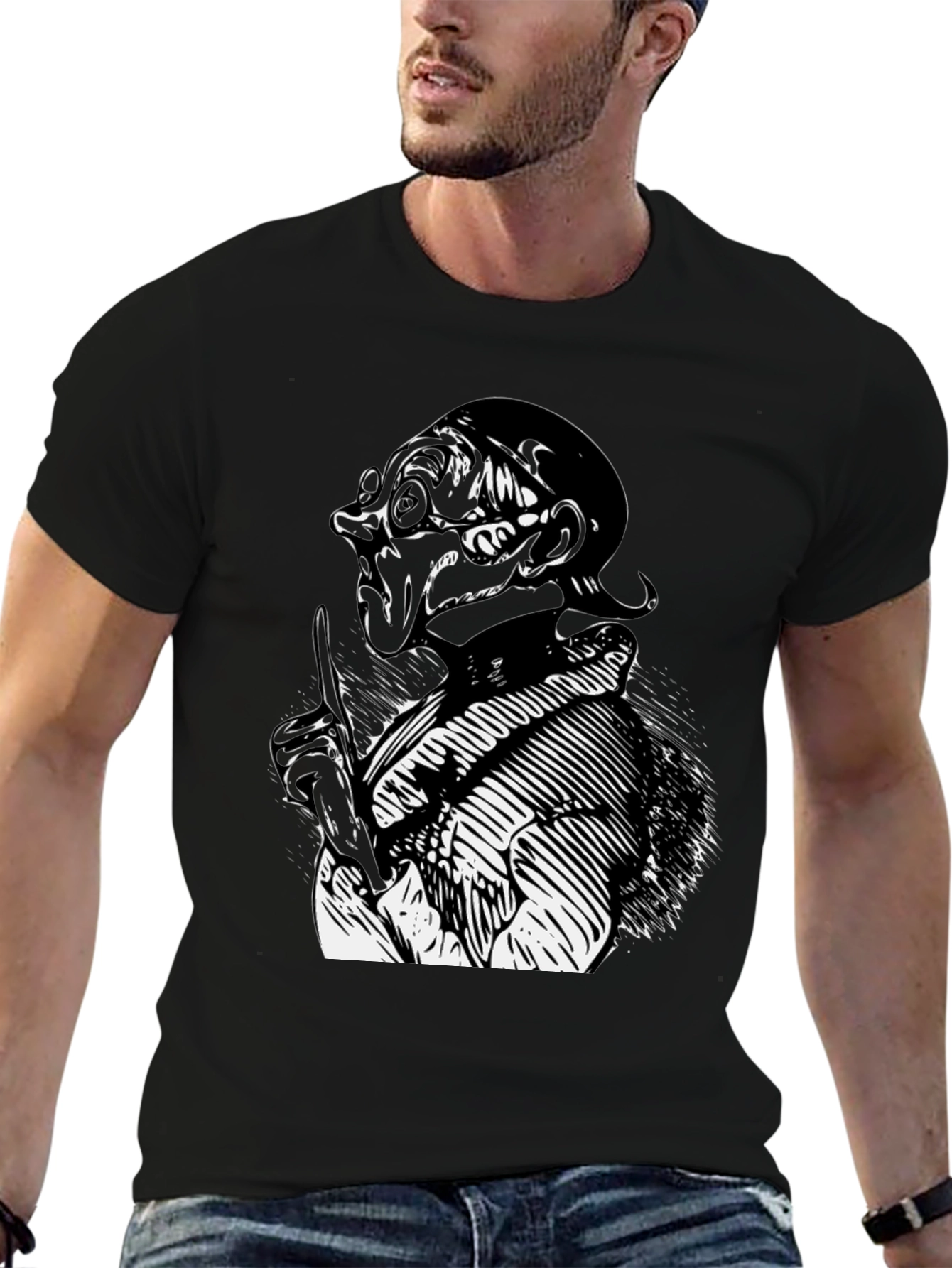 Black Black T-Shirt with Illustrated Figure view 6
