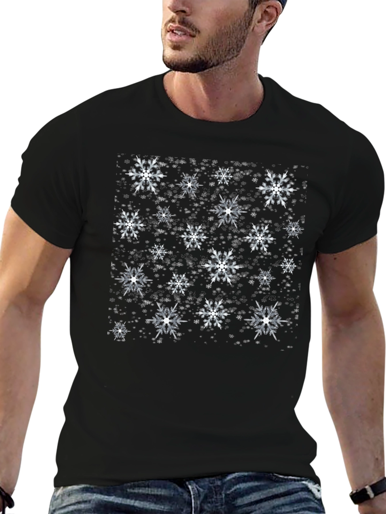Black Snowflake Pattern Black T-Shirt view 6