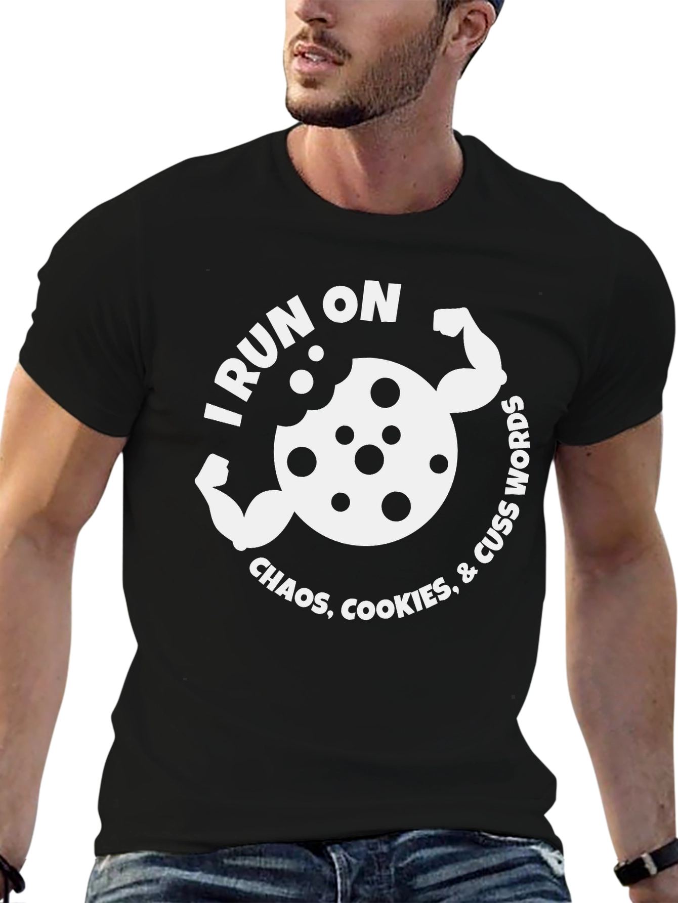 Black I Run on Chaos, Cookies, & Cuss Words Graphic Tee view 6