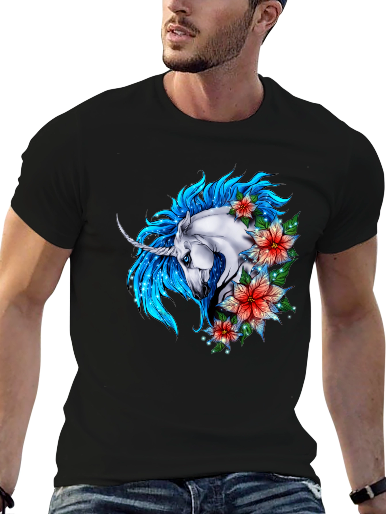 Black Unicorn Floral Graphic Tee - Stylish Men's Black T-Shirt view 6