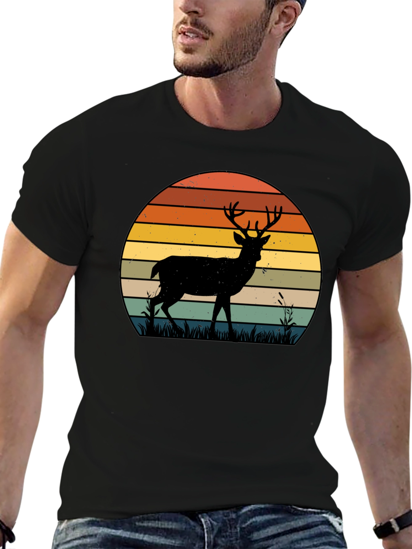 Black Retro Deer Sunset Graphic T-Shirt view 6