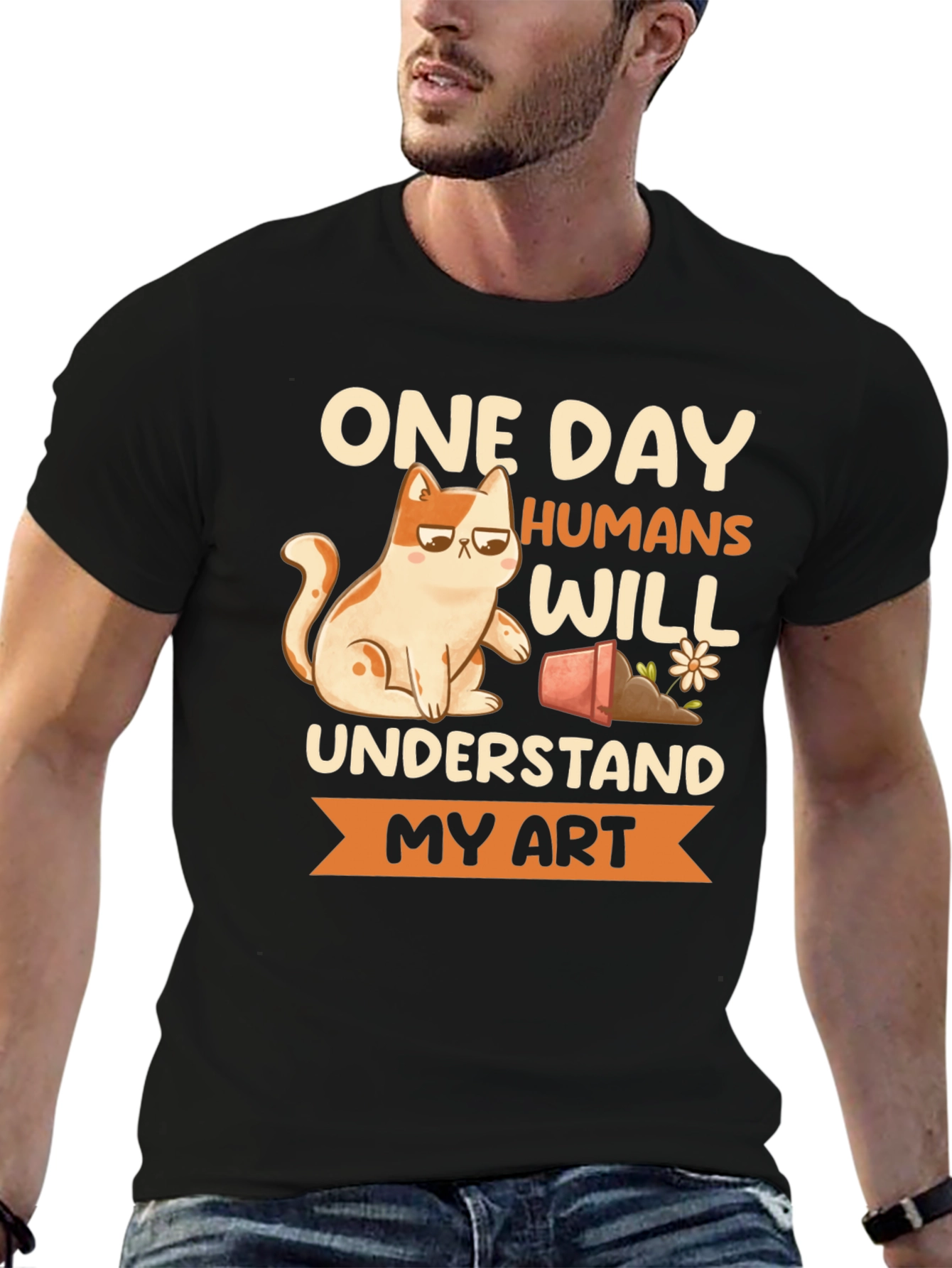 Black Funny Cat Art T-Shirt - Humans Will Understand view 6