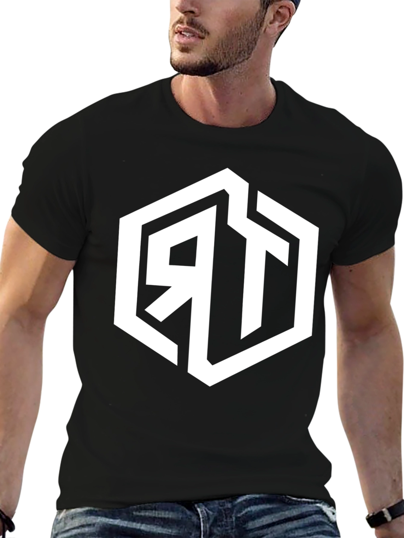 Black Men's Black Graphic Tee with Geometric RT Logo view 6