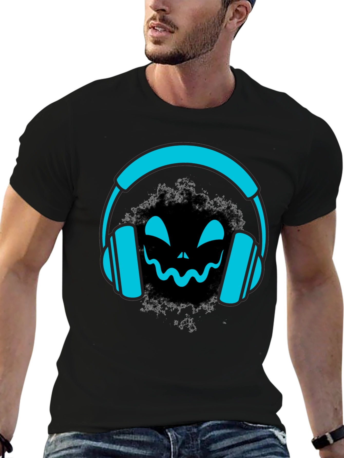 Black DJ Headphone Halloween Black T-Shirt view 6