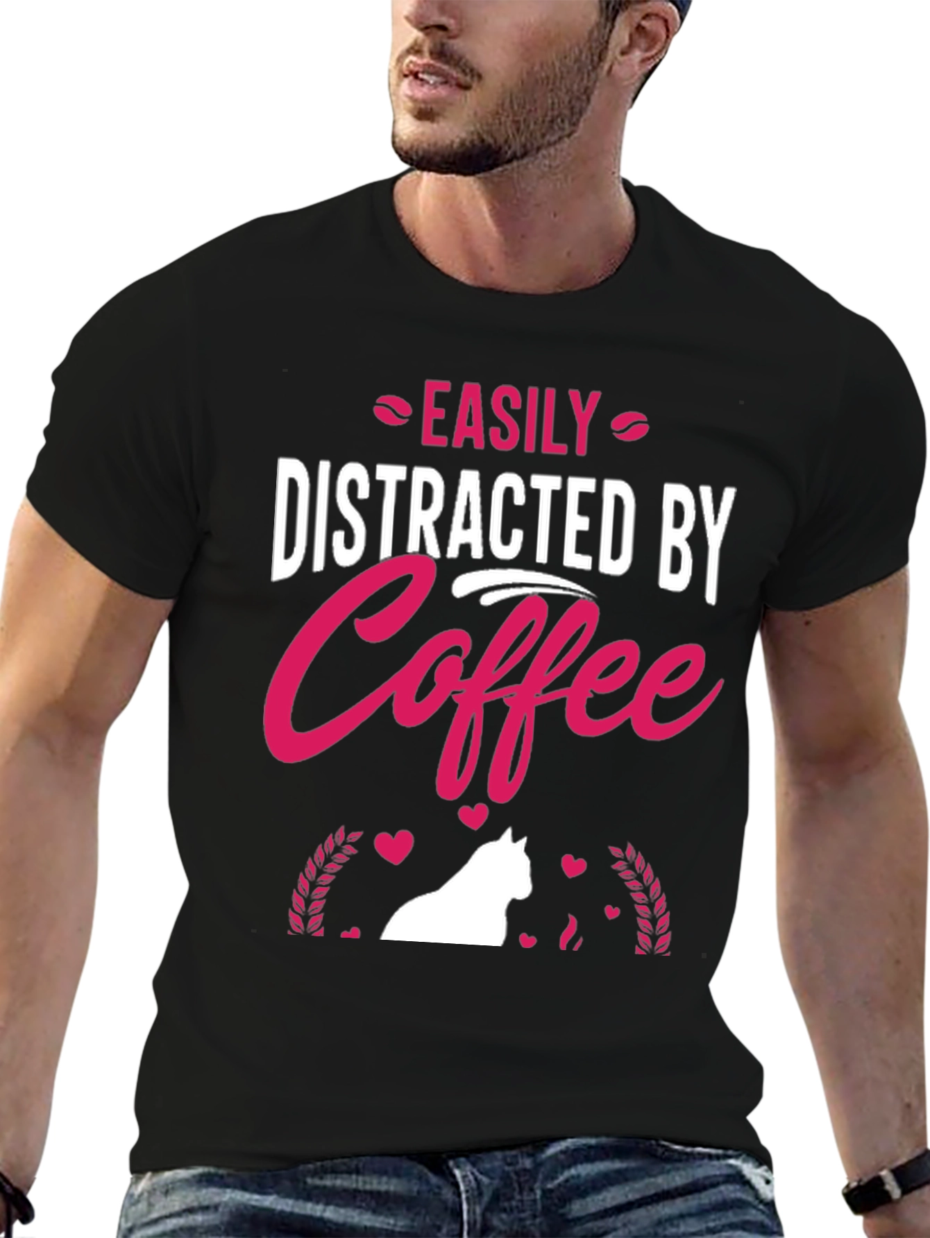 Black Easily Distracted by Coffee T-Shirt - Cat Lover Edition view 6