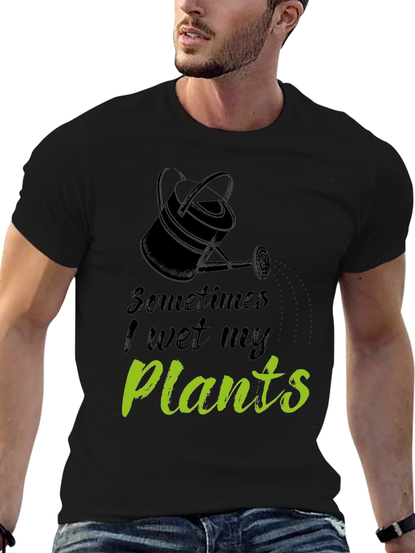 Black Funny "I Wet My Plants" Black Graphic T-Shirt view 6