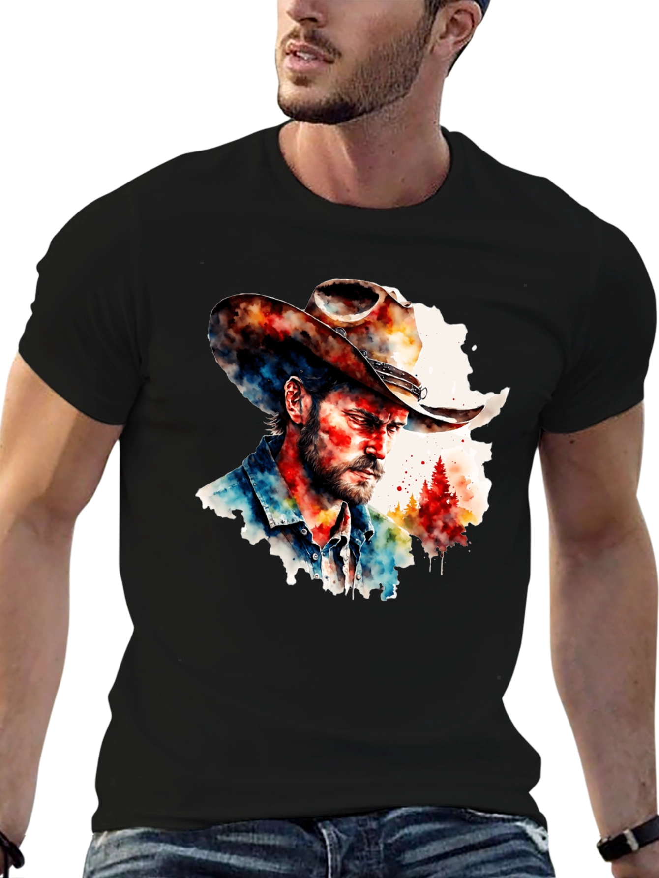 Black Watercolor Cowboy T-Shirt - Western Style view 6
