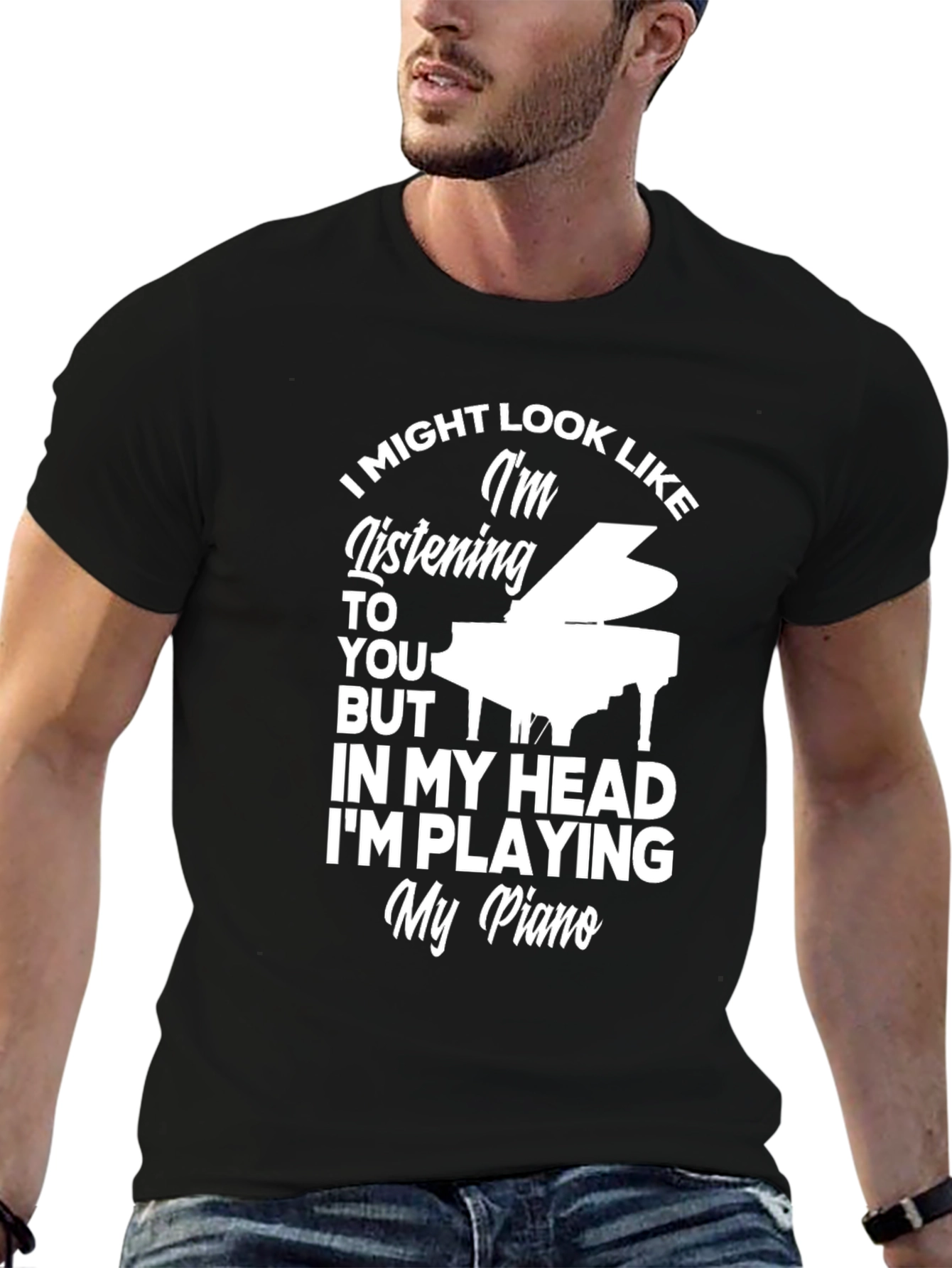 Black Piano Player T-Shirt - Listening Funny Musician Tee view 6
