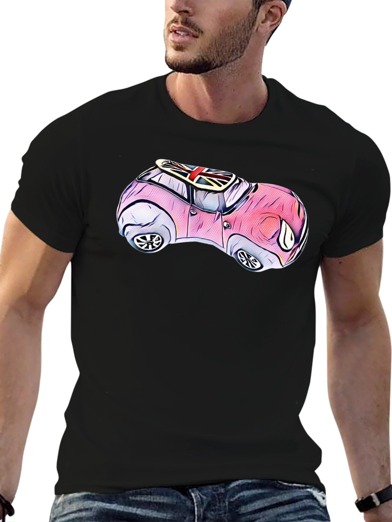 Black Cartoon Car T-Shirt - British Flag Design view 6