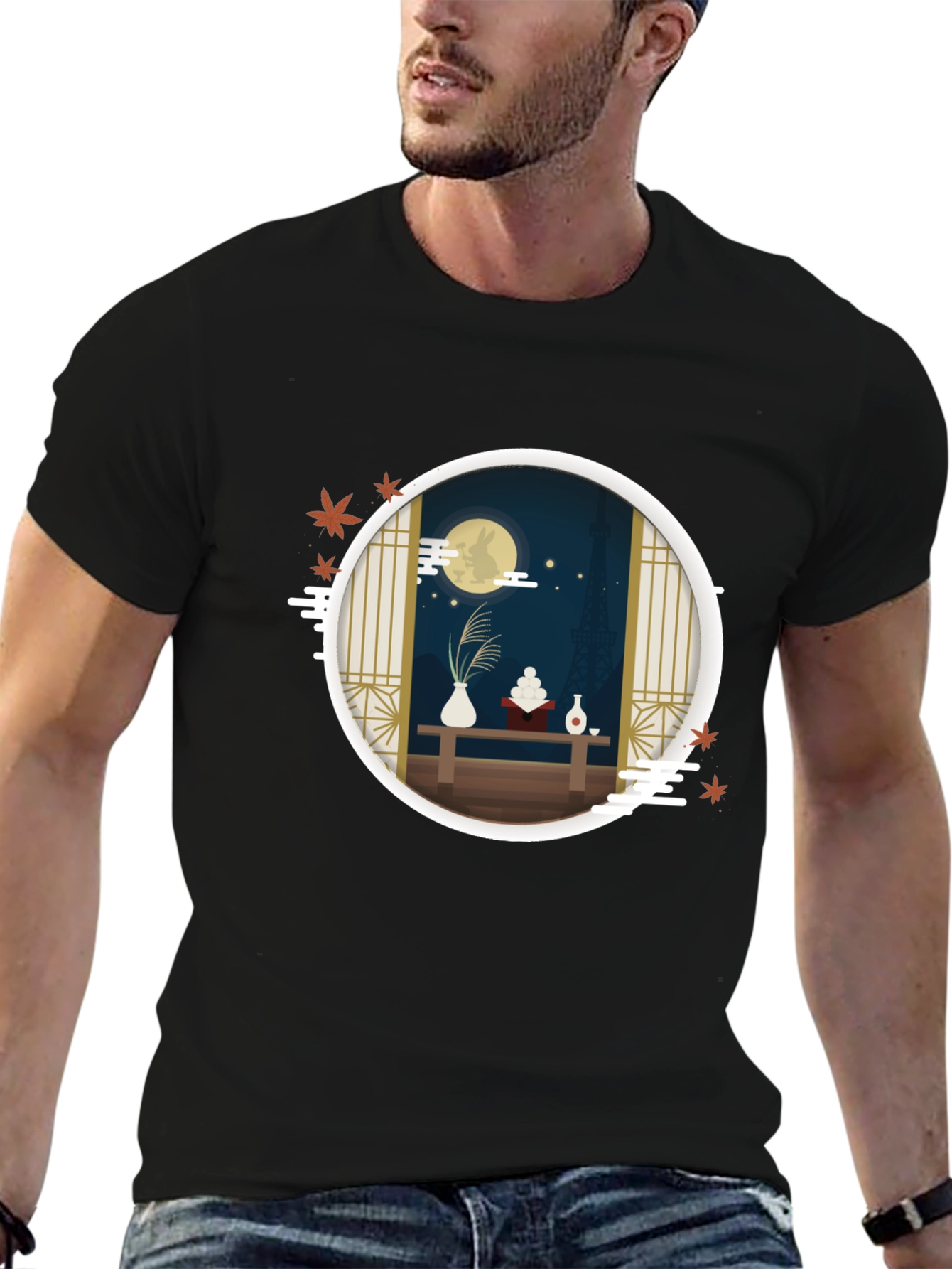 Black Japanese Moon Viewing Festival T-Shirt view 6