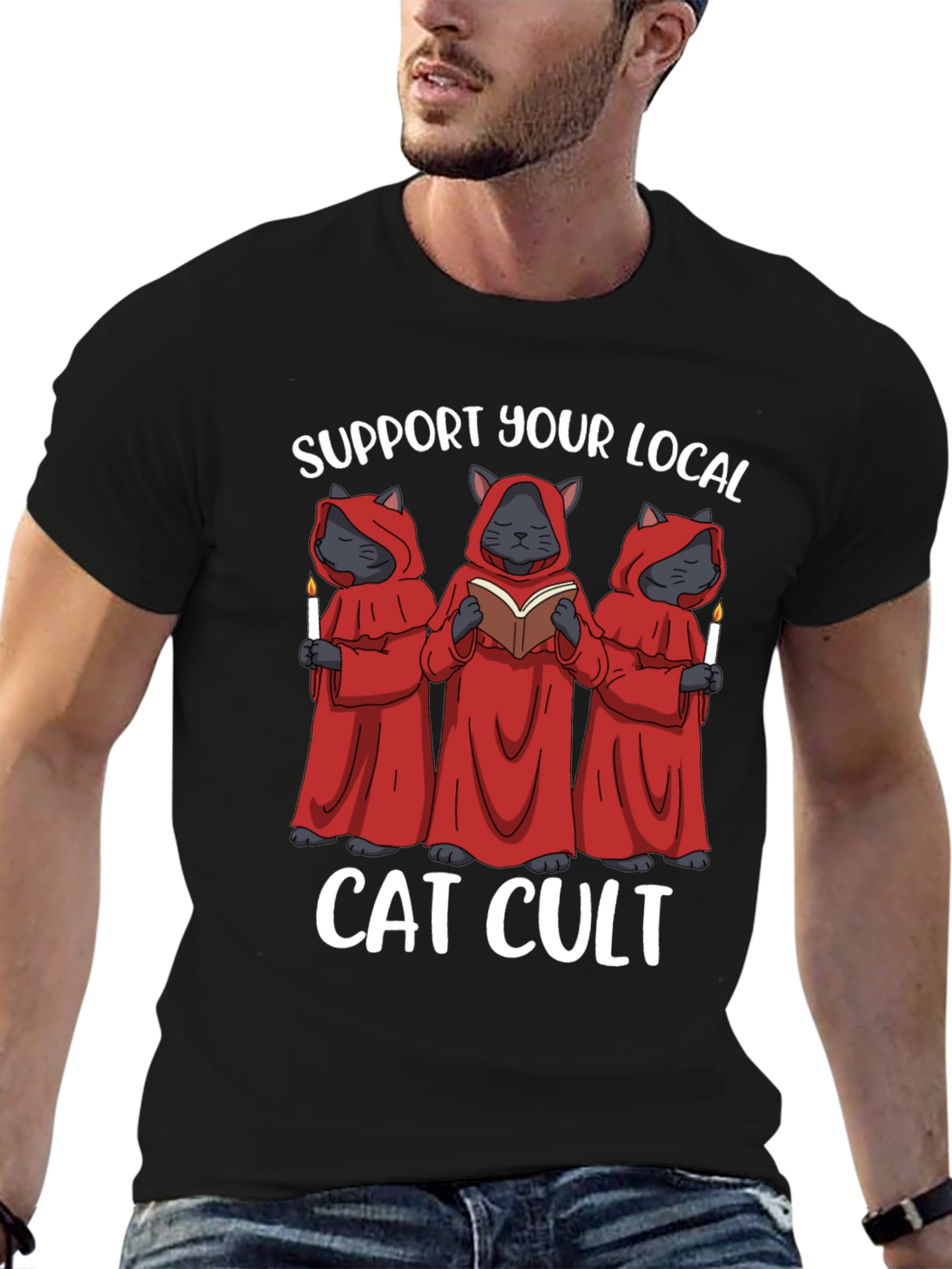 Black Support Your Local Cat Cult T-Shirt view 6