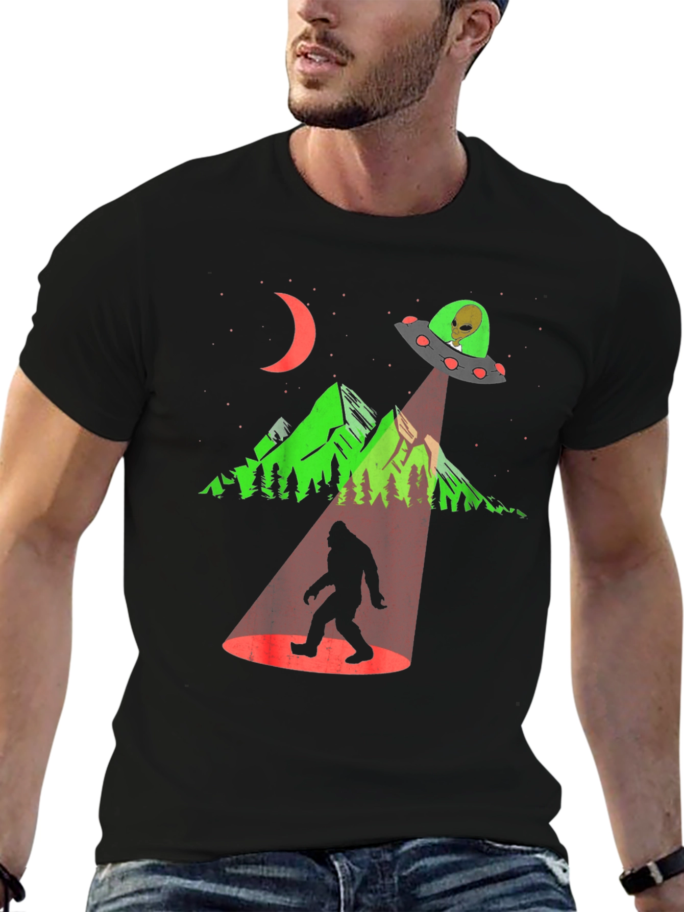 Black UFO Abduction Bigfoot Graphic Tee view 6
