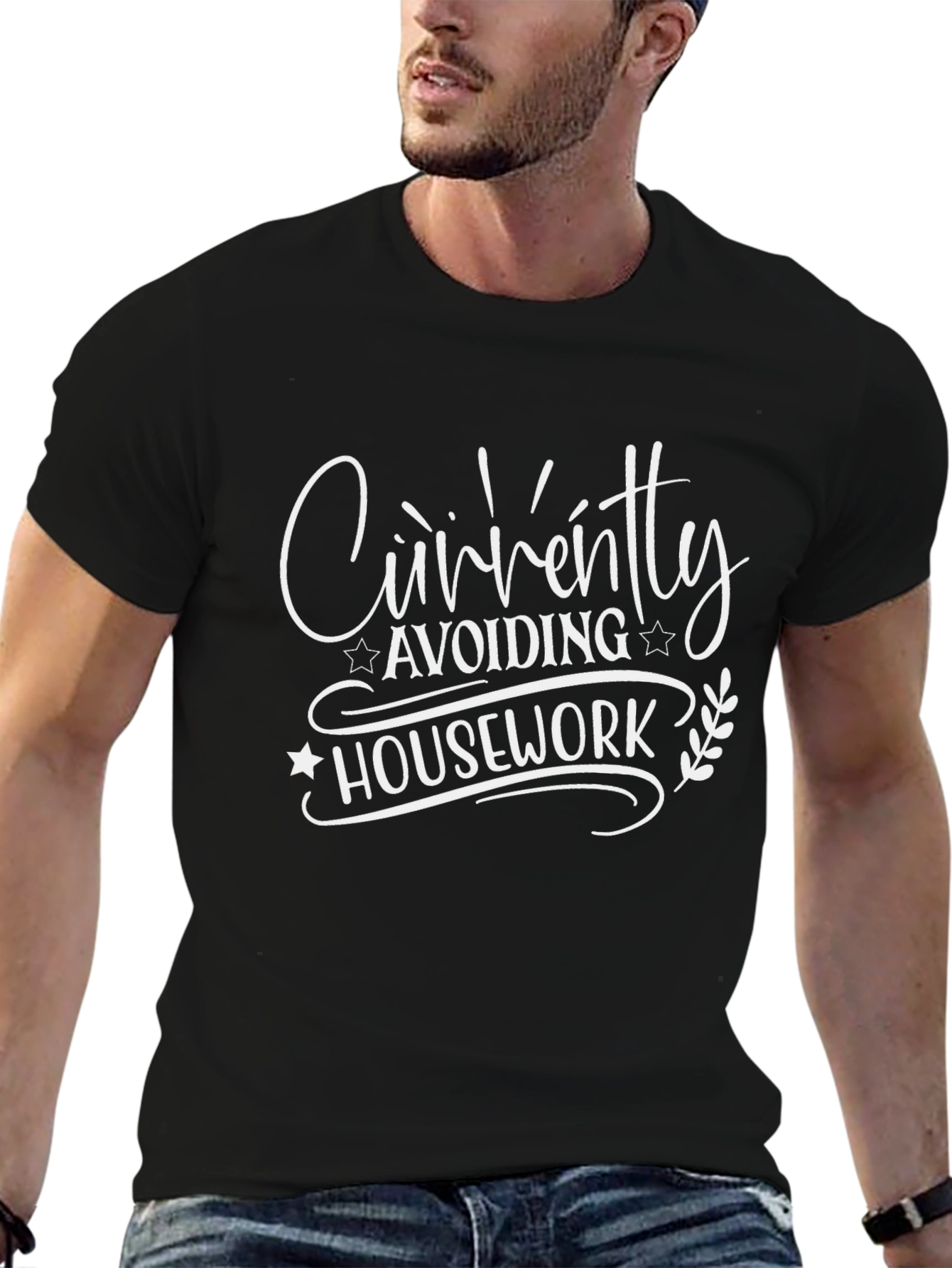 Black Funny "Avoiding Housework" Black T-Shirt view 6