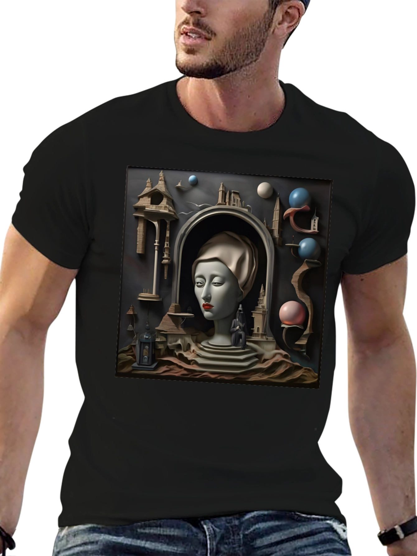 Black Surrealist Black T-Shirt with Dreamscape Design view 6