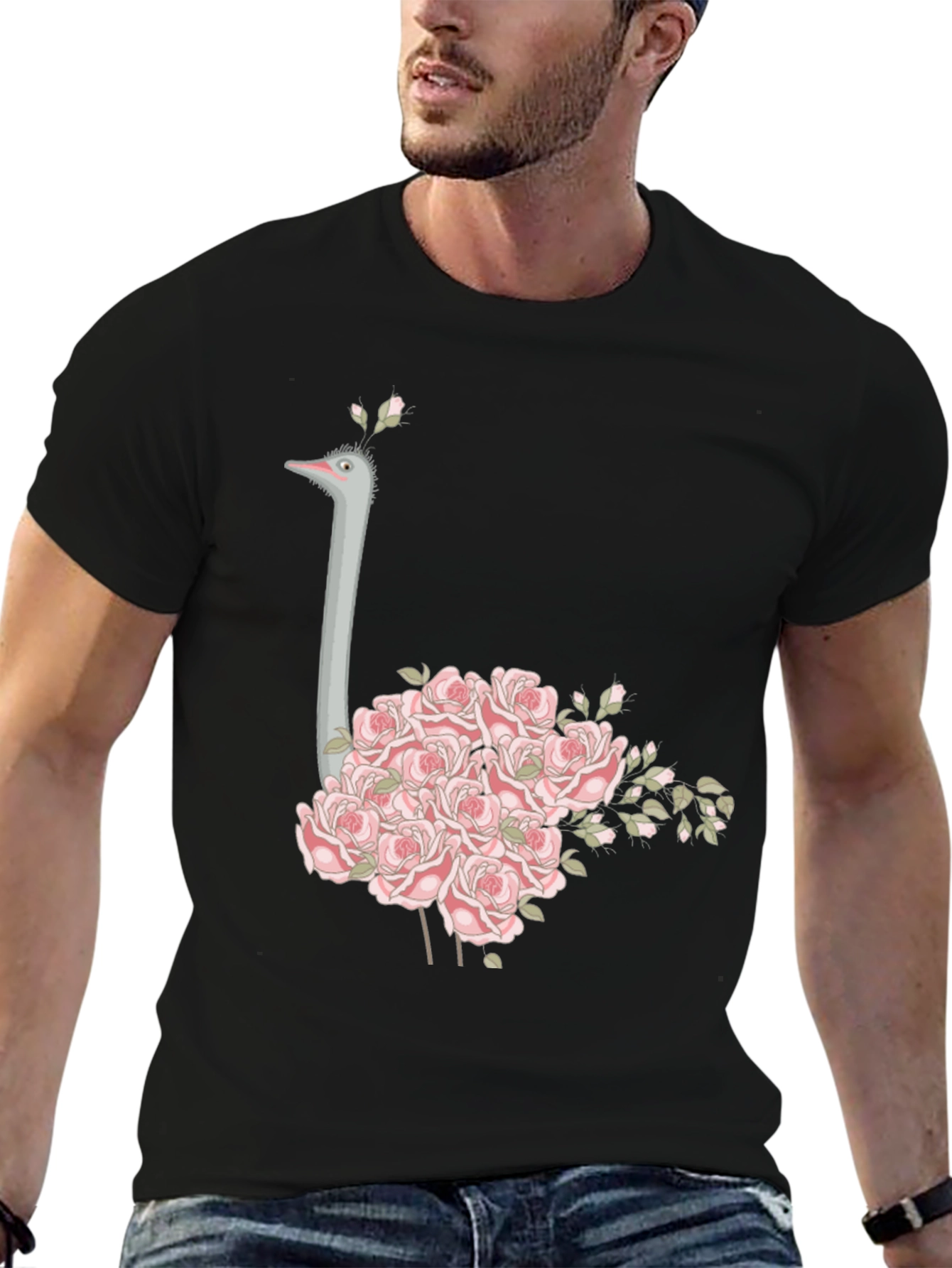 Black Ostrich Floral T-Shirt - Unique Graphic Tee view 6