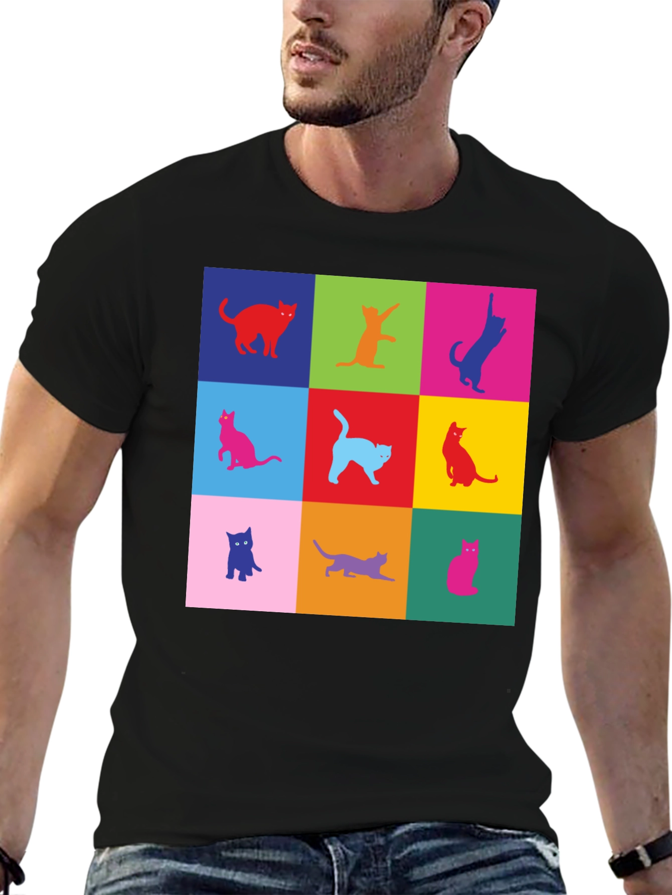 Black Colorful Cats Graphic T-Shirt view 6