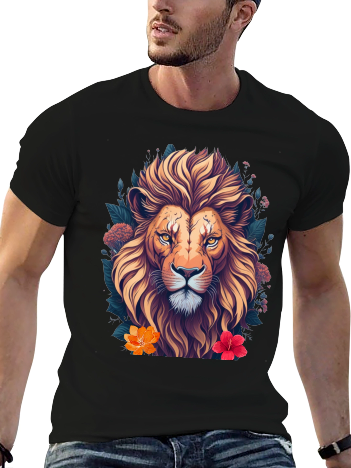 Black Lion Floral T-Shirt, Unique Graphic Tee view 6