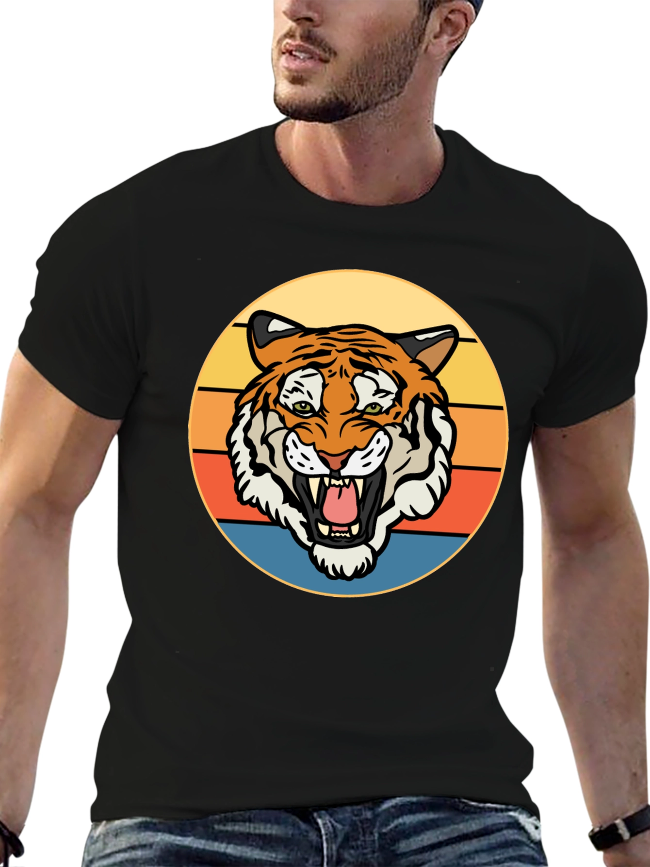 Black Retro Tiger Graphic T-Shirt - Men's Short Sleeve Crew Neck Tee view 6