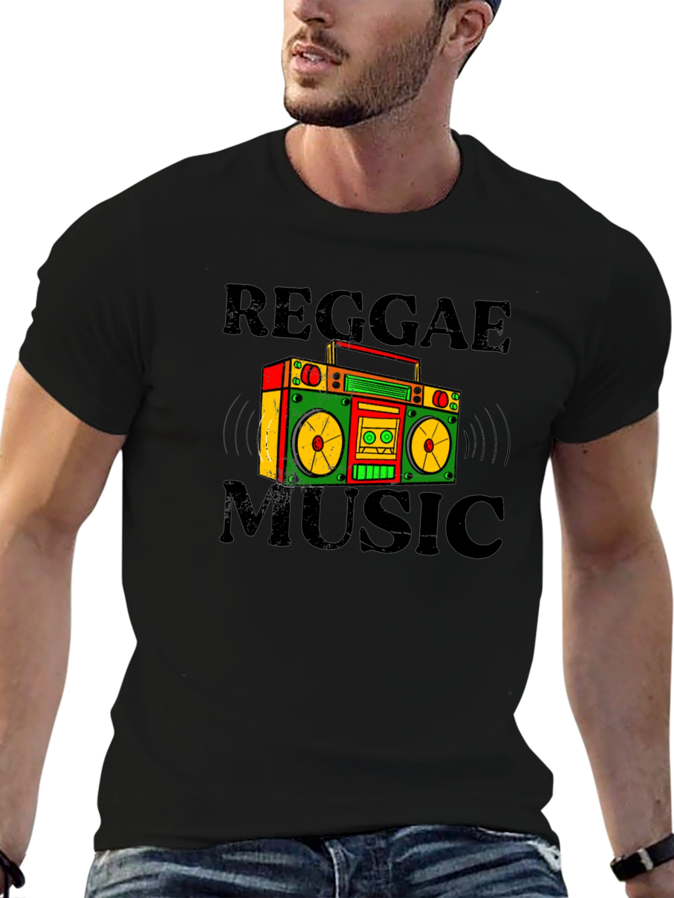 Black Reggae Music Boombox Graphic T-Shirt view 6