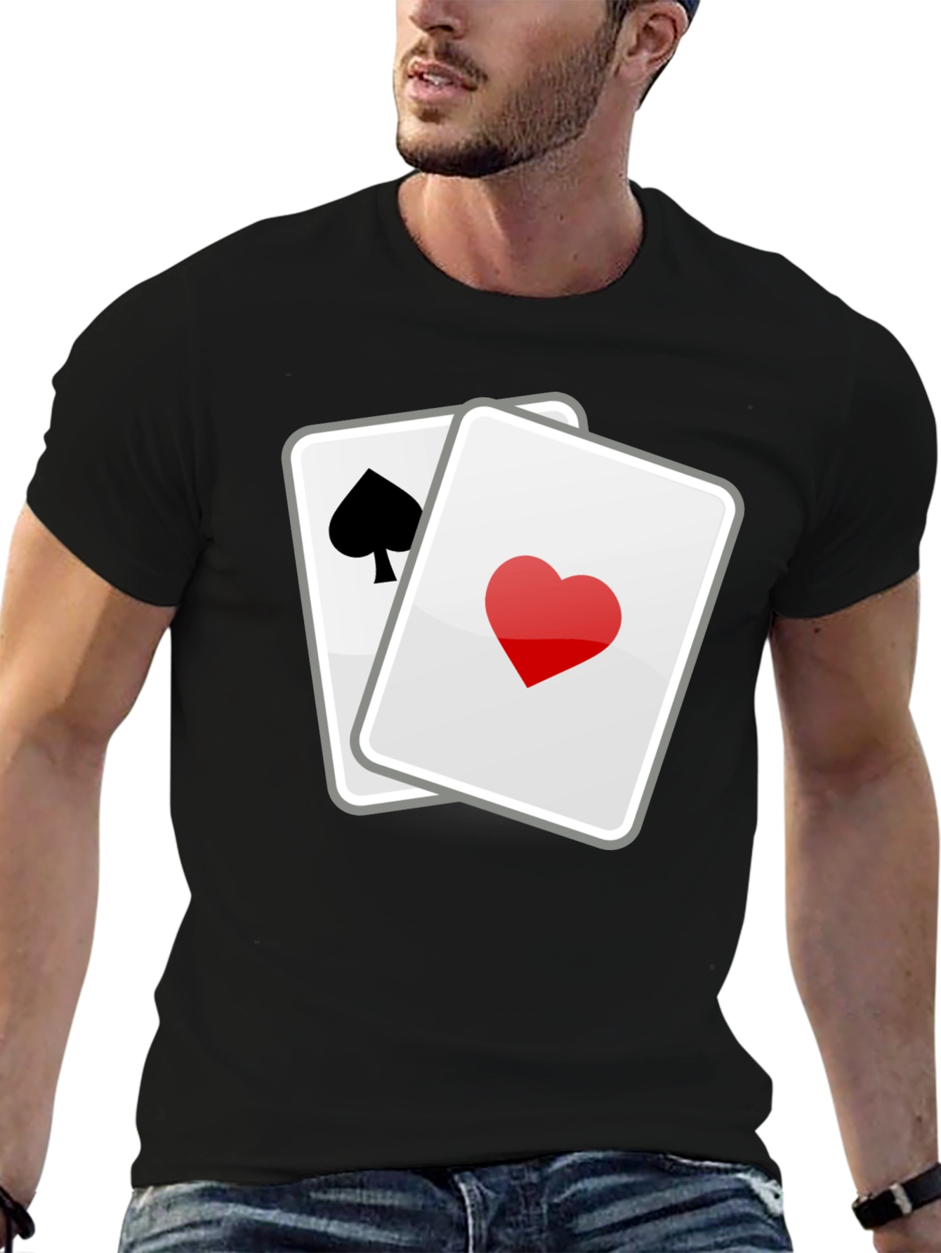 Black Lucky Hand T-Shirt - Spade & Heart Cards Graphic Tee view 6