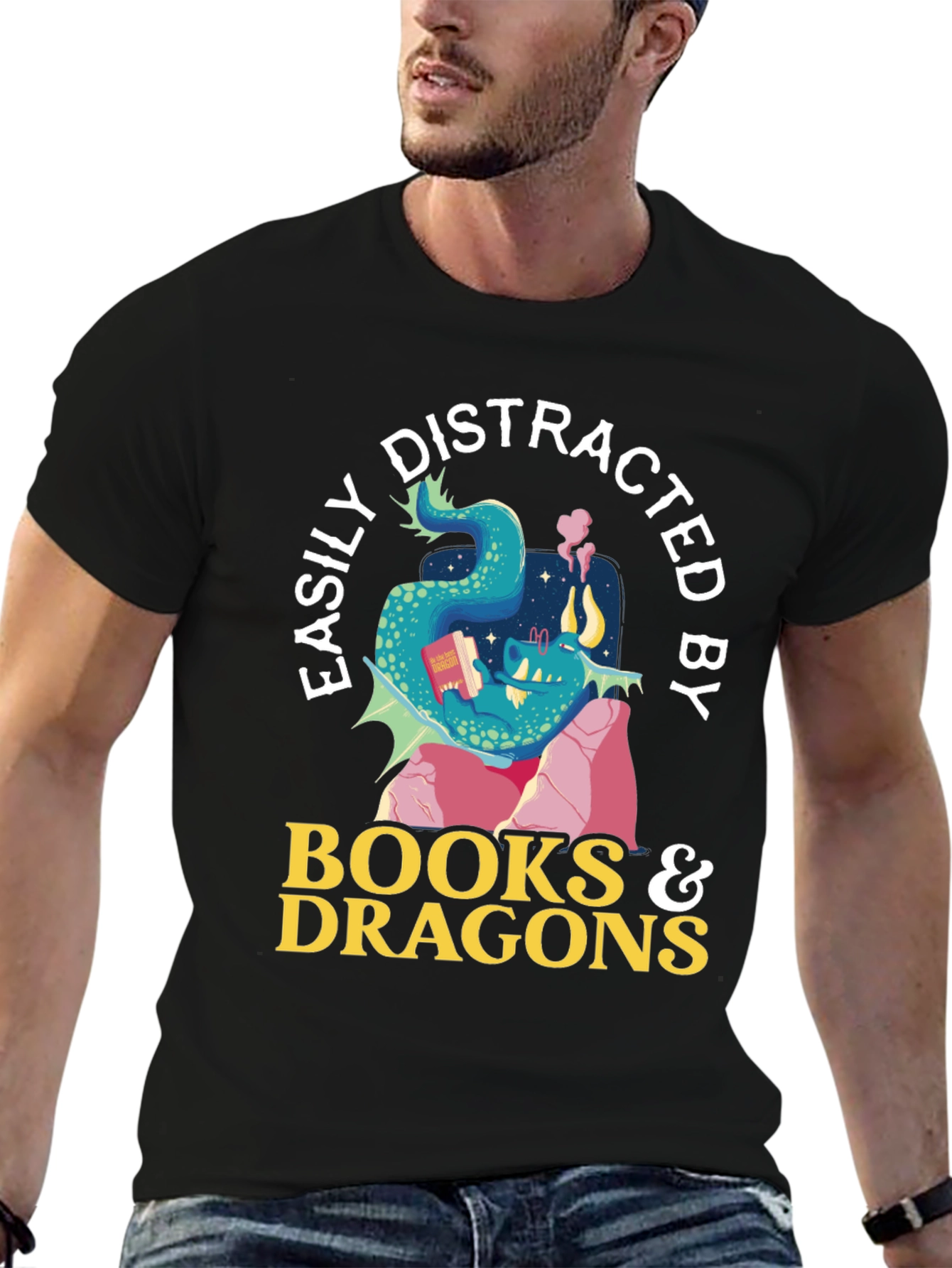 Black Easily Distracted by Books and Dragons T-Shirt view 6