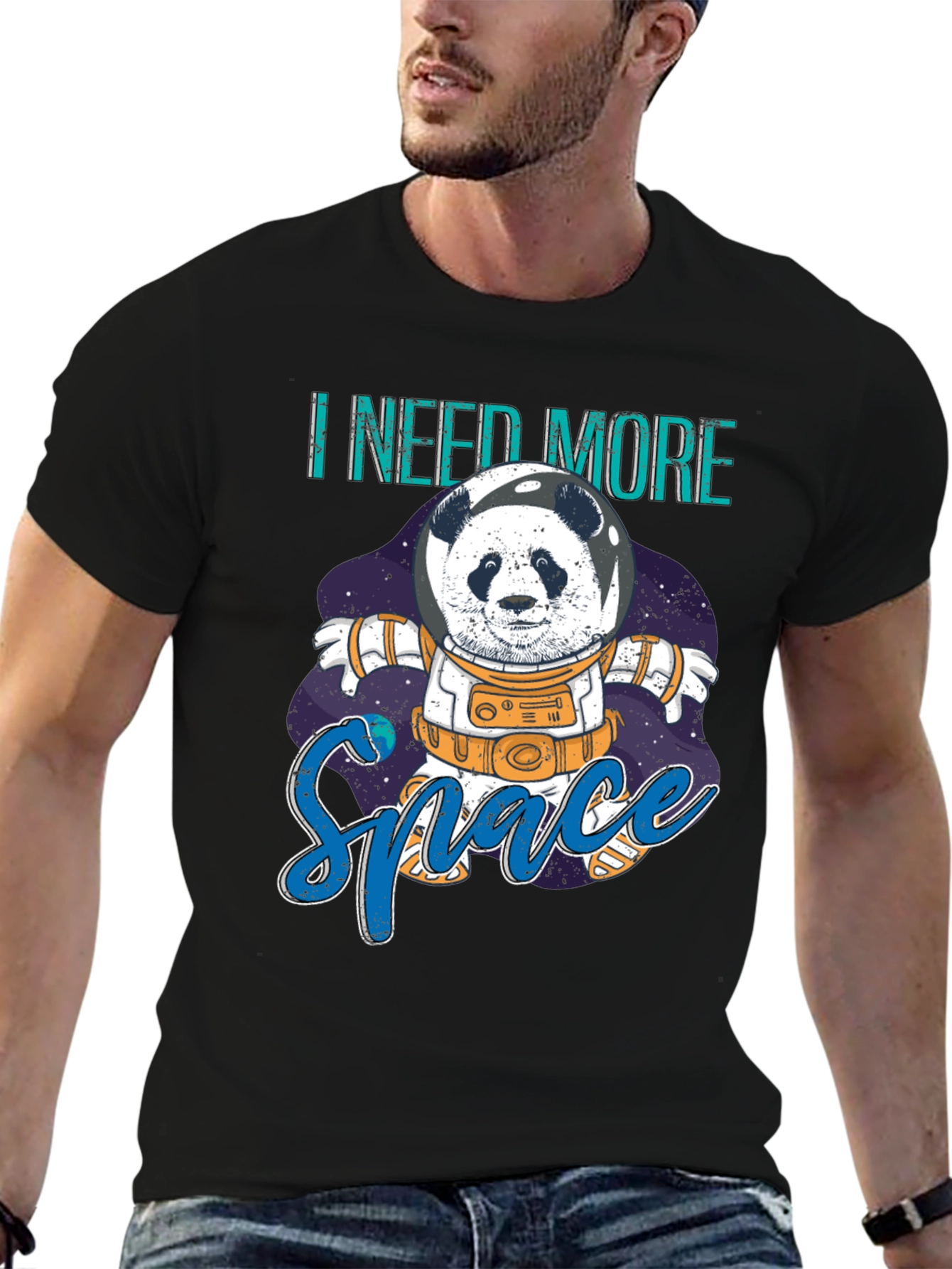 Black I Need More Space Panda Astronaut Graphic T-Shirt view 6