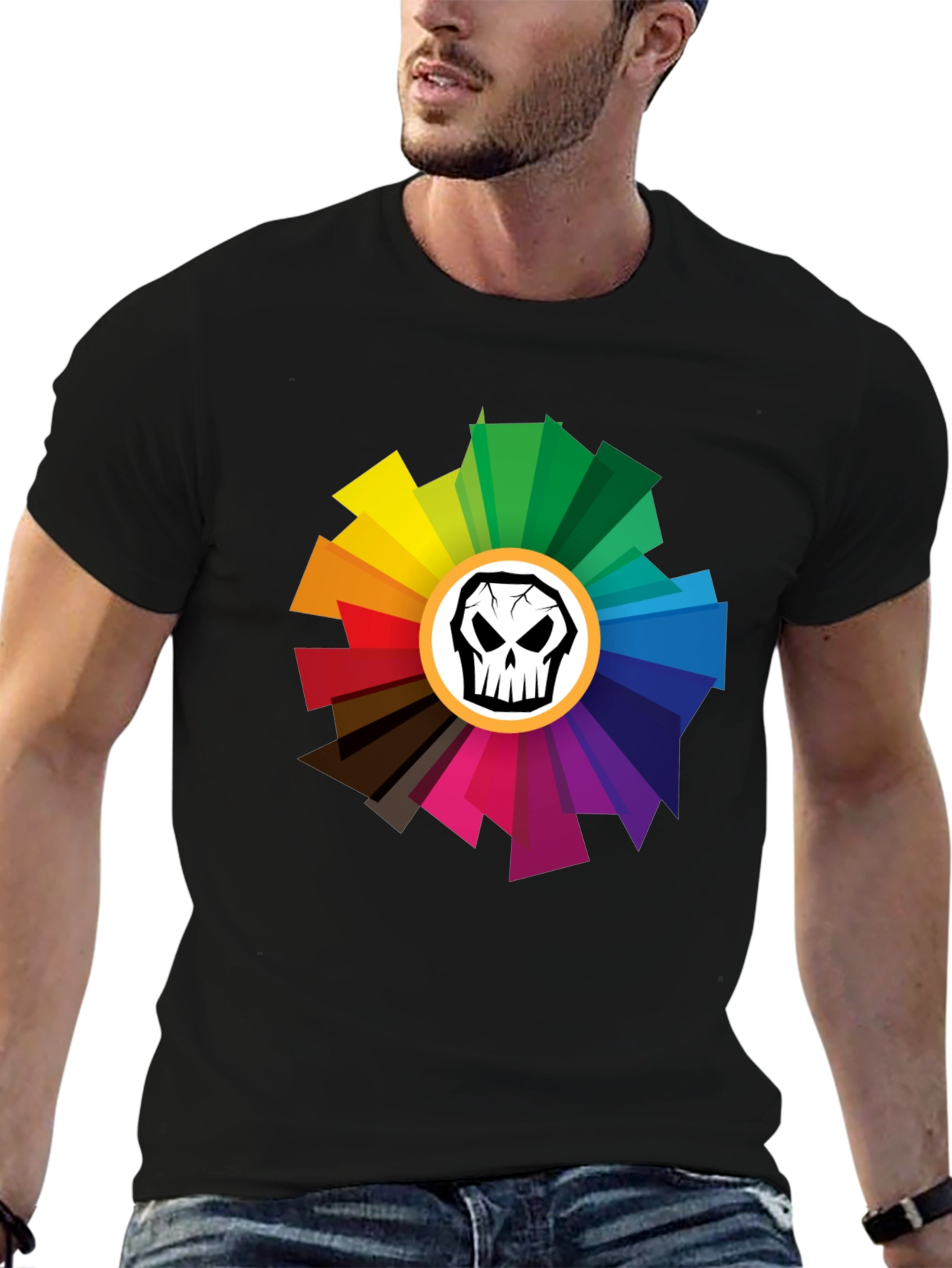 Black Skull Color Wheel Black T-Shirt - Unique Design view 6