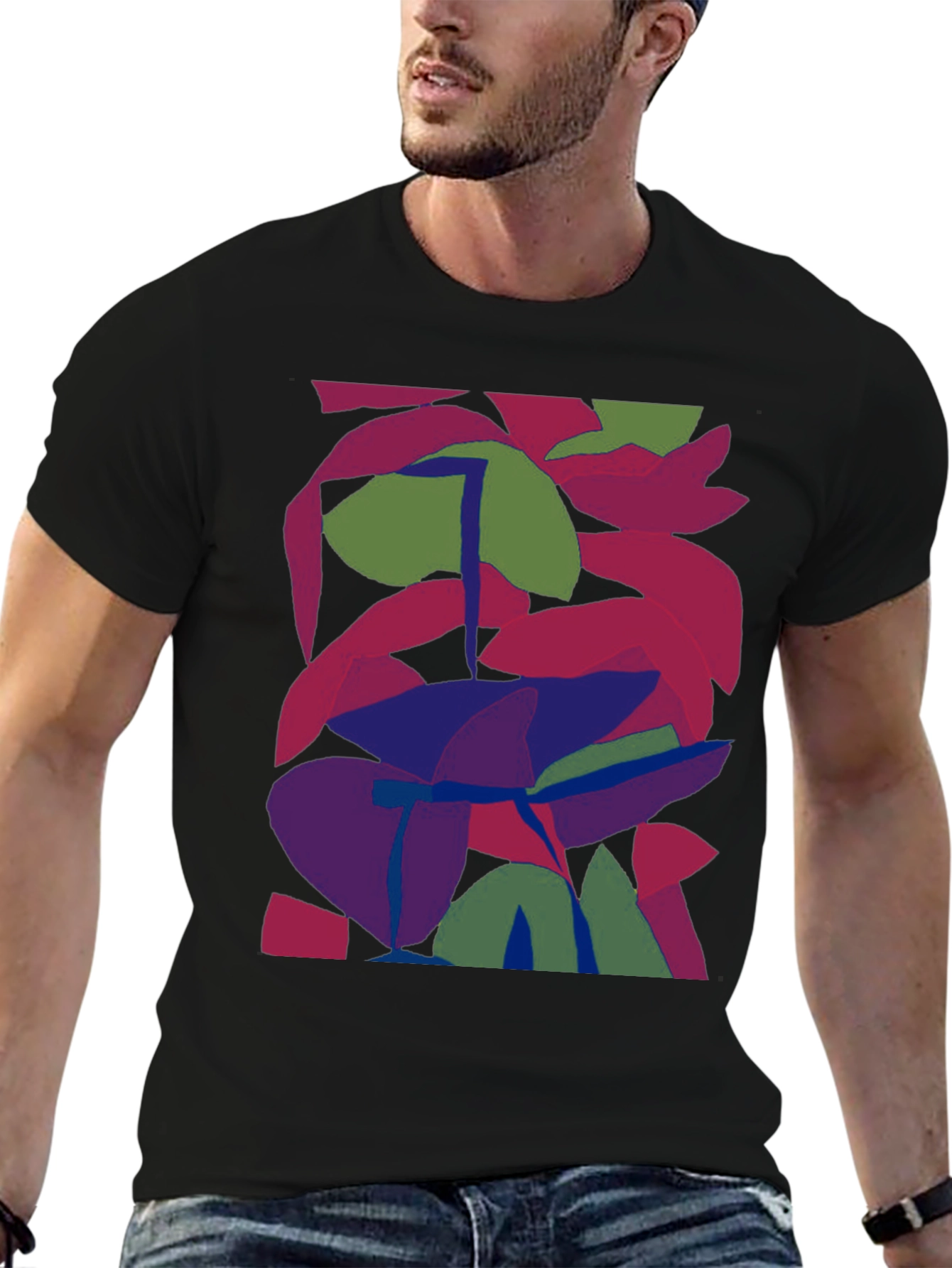 Black Abstract Leaf Design Black T-Shirt view 6