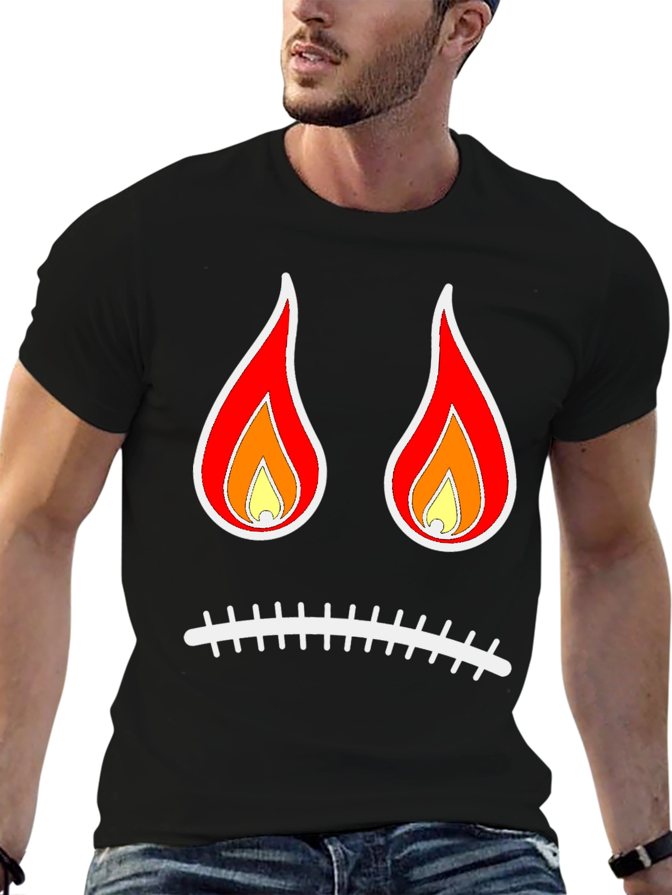 Black Flame Eyes Sad Face Black T-Shirt view 6