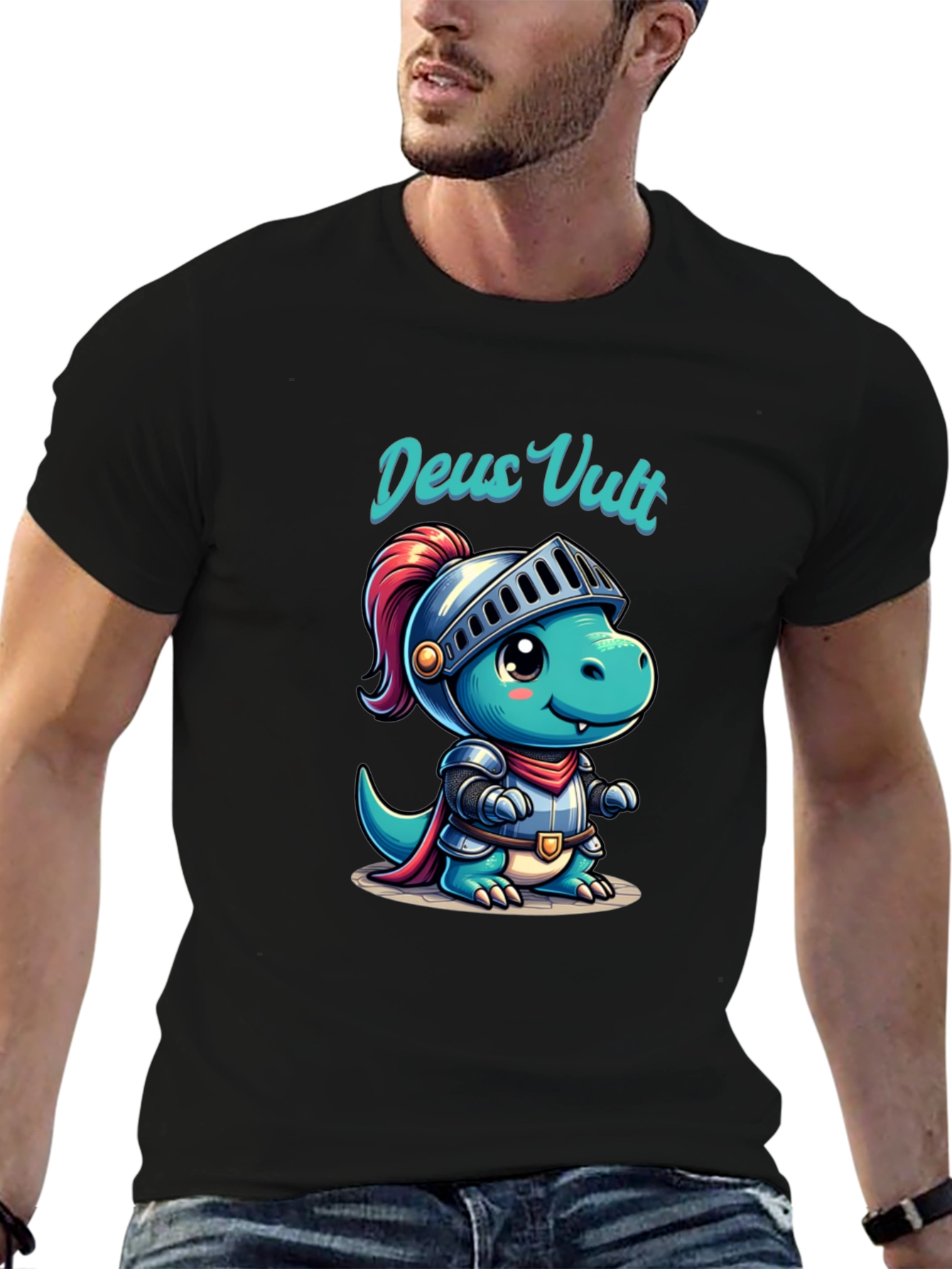 Black Deus Vult Dinosaur Knight Graphic T-Shirt view 6