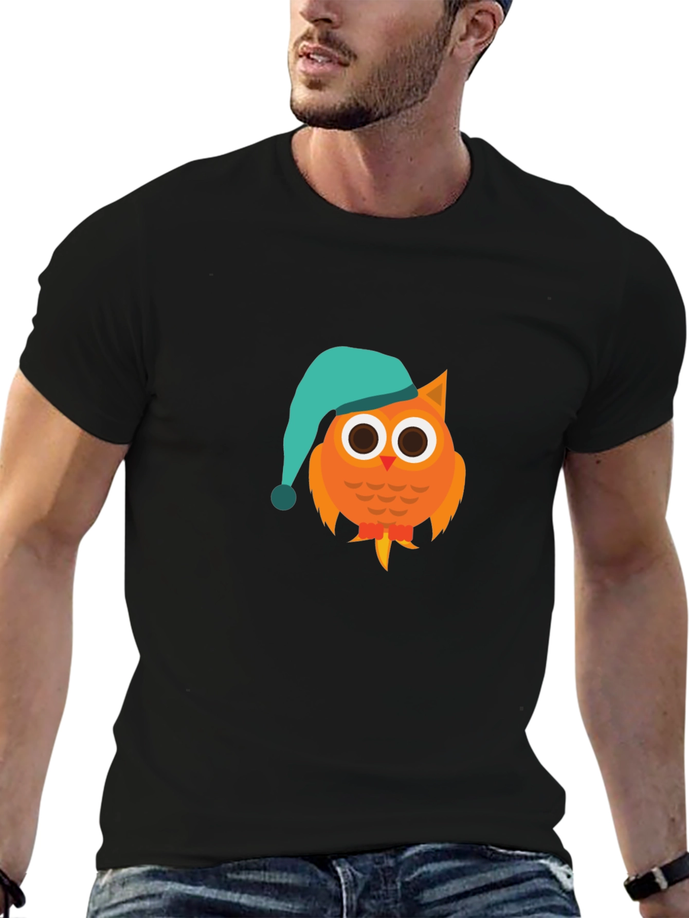 Black Owl Cartoon Graphic T-Shirt - Night Cap Design view 6