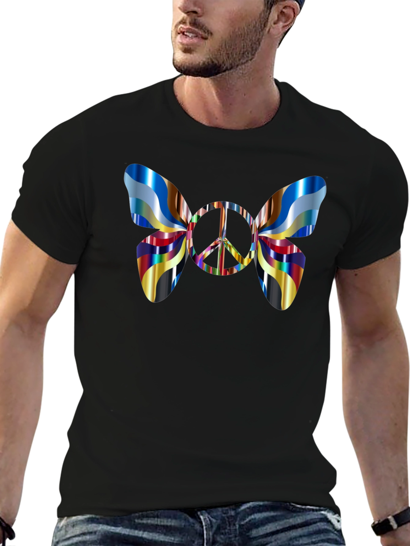 Black Peace Sign Butterfly Graphic Tee - Black view 6