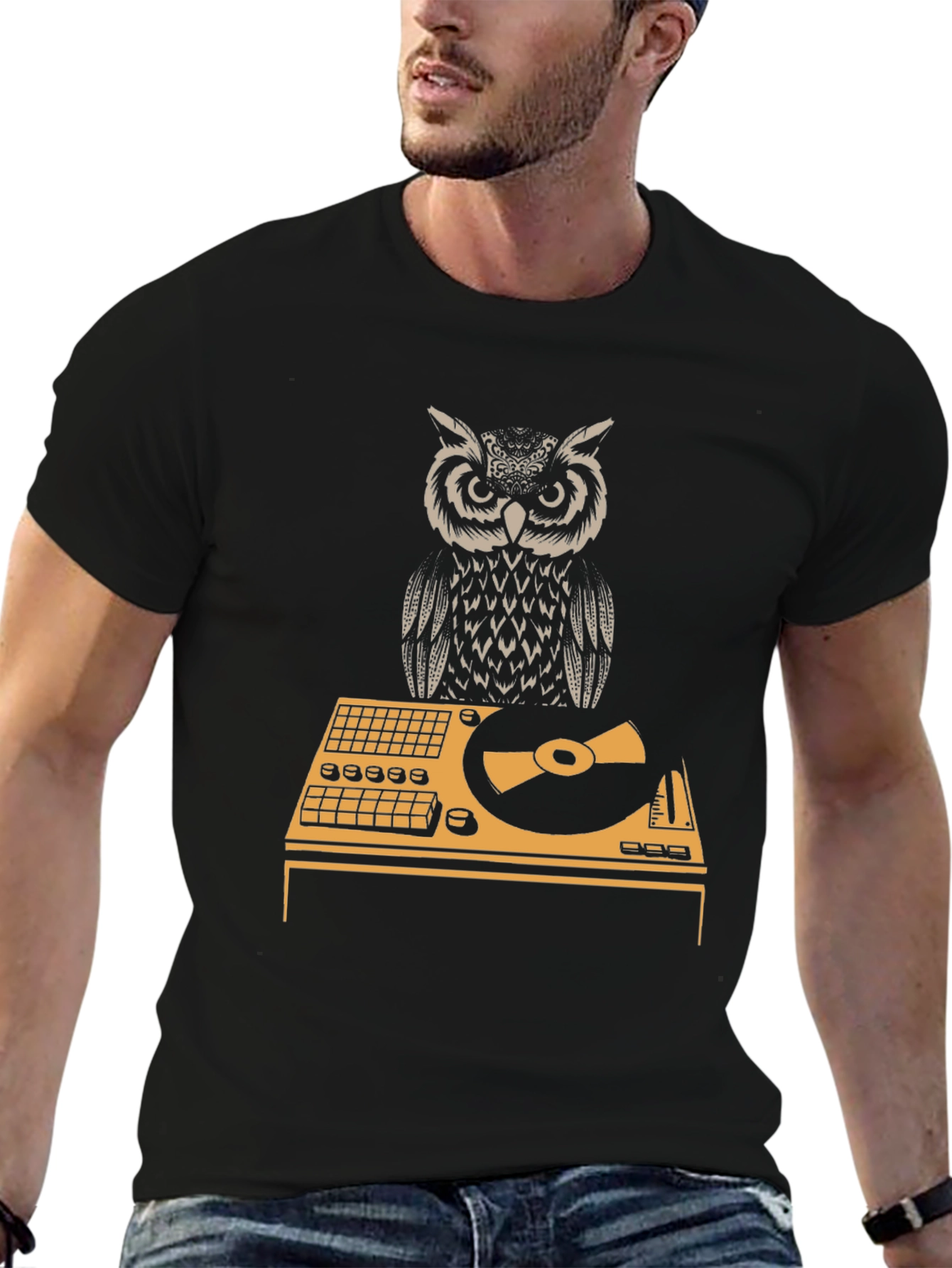 Black DJ Owl Graphic Tee - Black Cotton T-Shirt view 6