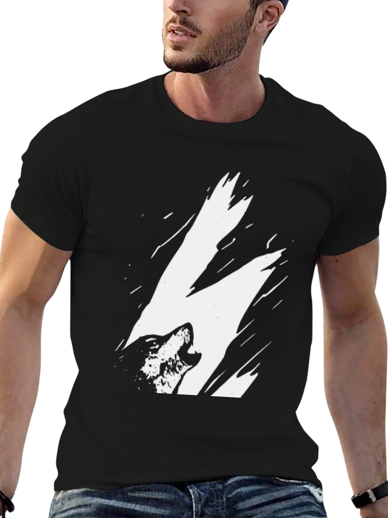 Black Howling Wolf Graphic Print Black T-Shirt view 6